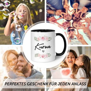 GRAVURZEILE Tasse bedruckt mit Spruch - Kurwa - Lustige Geschenke - Für Freunde, aus Keramik - Spülmaschinenfest, Farbe: Schwaz & Weiß