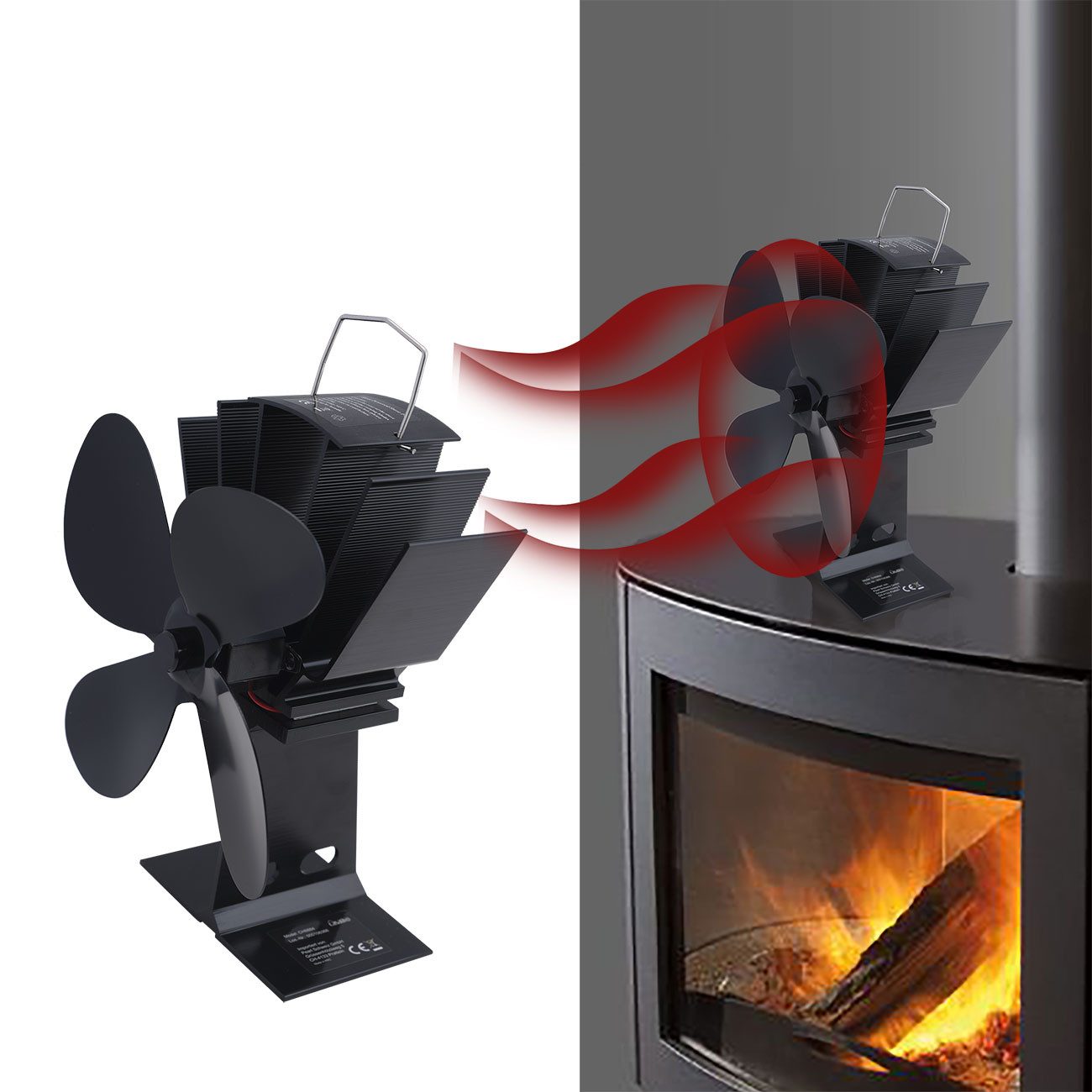 Casativo Kaminventilator Kaminventilator Stromlos Alu Ofen-Lüfter 4-flügelig Leise 1er&2er-Set, Automatischer Start ab 65°C/Rotorumfang 19 cm/ca. 470g