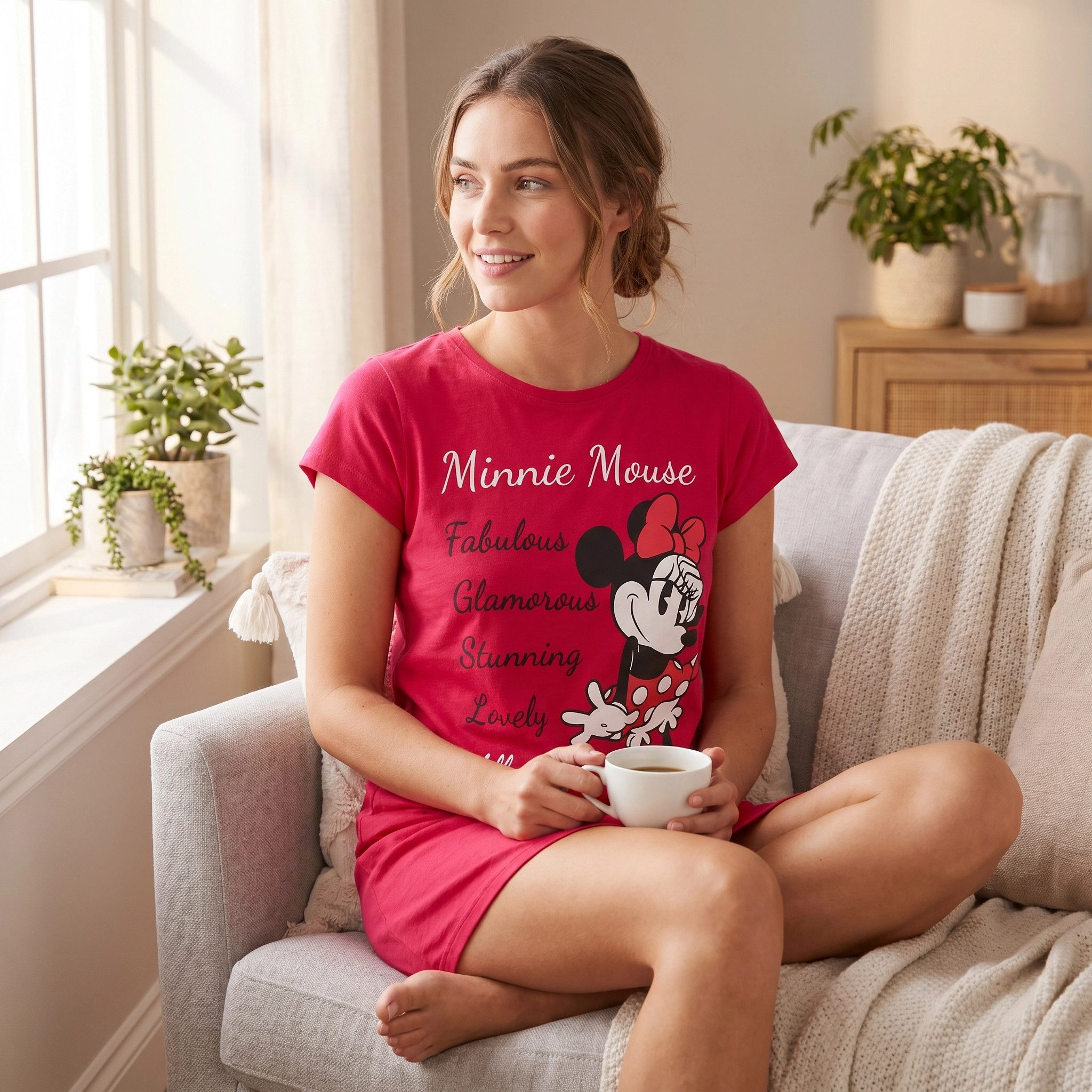 Disney Pyjamaoberteil Disney Minnie Maus Damen kurzarm Schlafshirt Nachthemd 100% Baumwolle, Gr. S bis XL