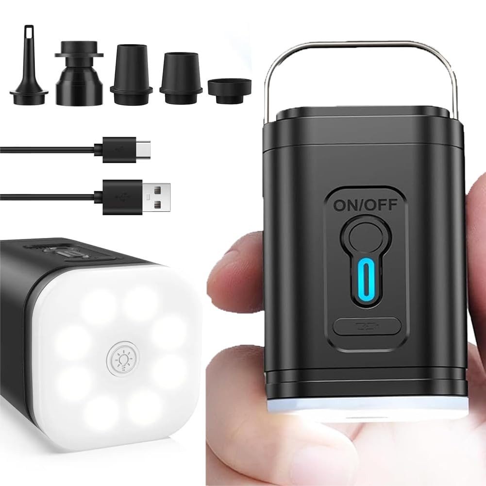 AIBISTAR Luftpumpe Elektrische Luftpumpe mit Akku,Wiederaufladbar,mit LED Licht (Packung, 8-tlg., 5 Düsen, 1 USB Kabel, 1 Aufbewahrungsbeutel, 1 Gerät), 4000mAh,Beleuchtungsfunktion,zum Aufblasen und Absaugen