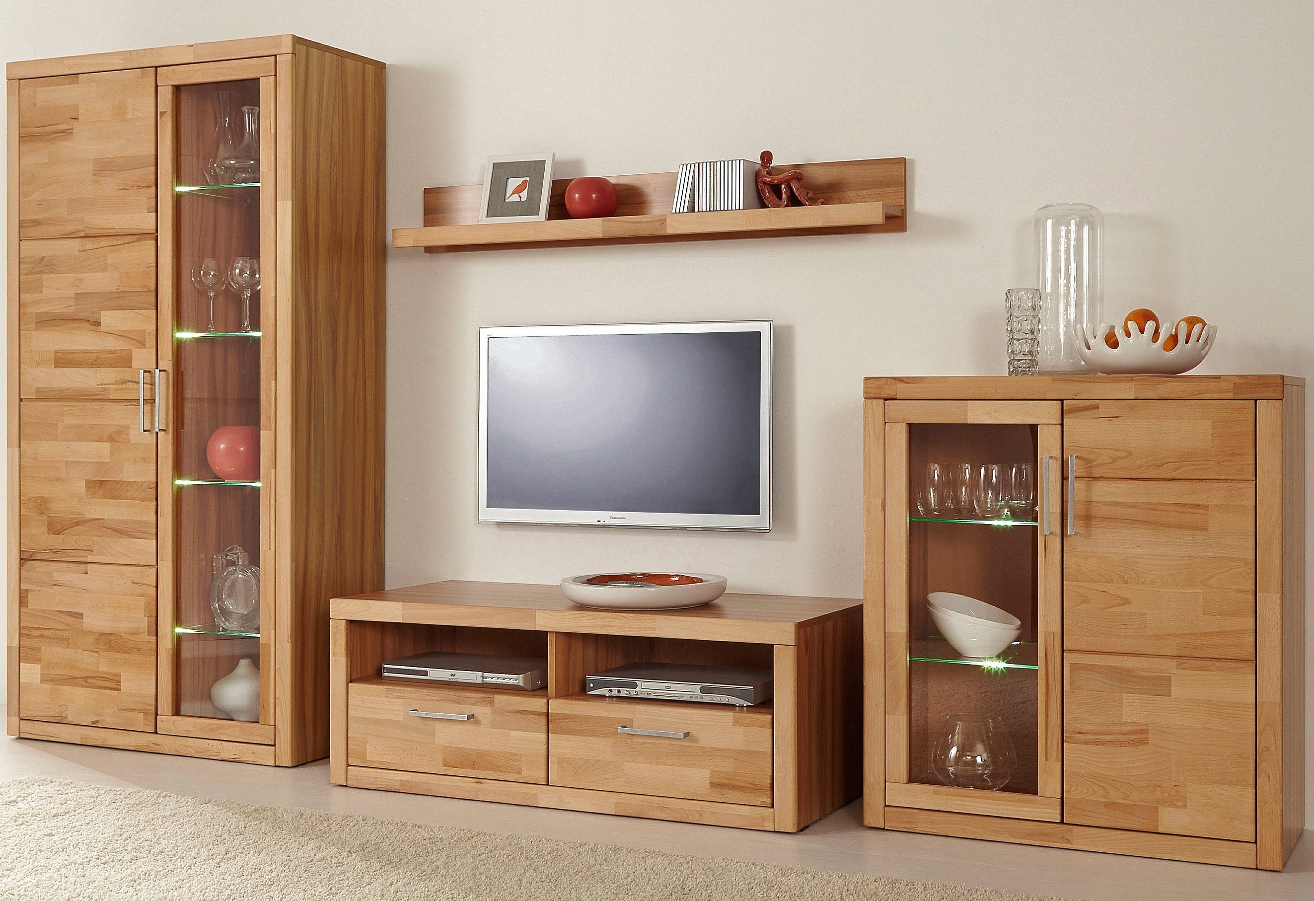 OTTO home Wohnwand Logo,Fronten Massivholz,Korpus Holzwekstoff,viel Stauraum, (Set, 4-St), B/T/H/: 90/42/190, Türen und Schubladen, bei TV Teil Kabeldurchführung