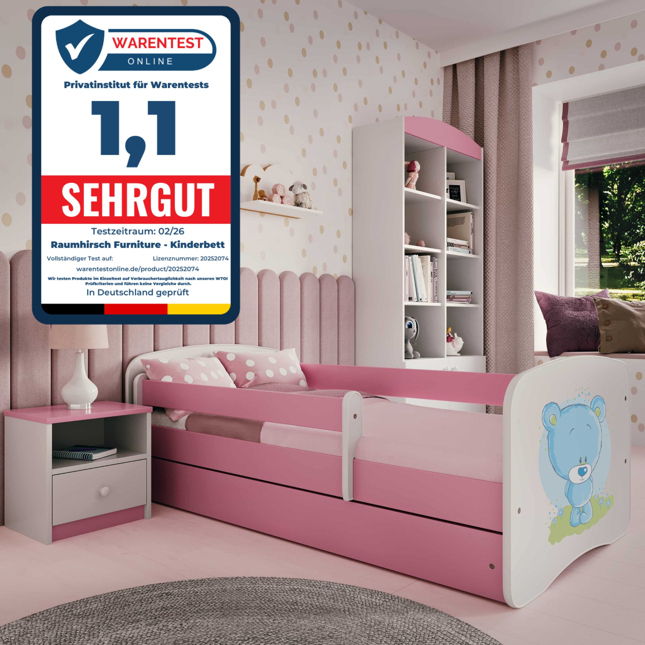 Raumhirsch Furniture Kinderbett 70x140, 80x160, 80x180 cm - Komplettset mit Schublade (Bett für Mädchen, Einzelbett Kinder 2–12, mit Rausfallschutz & Lattenrost), verschiedene Farben & Designs