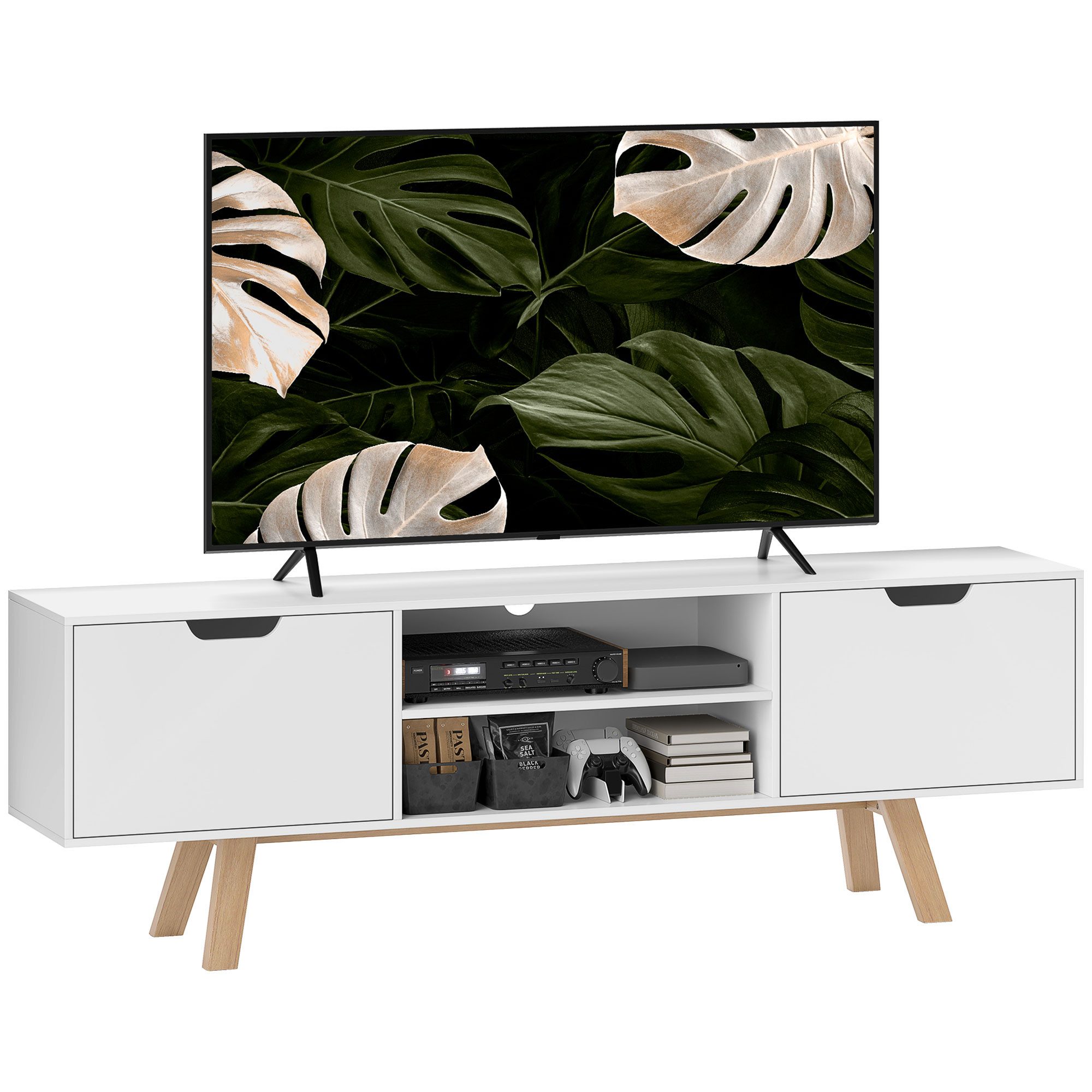 HOMCOM TV-Board für Fernseher bis zu 65 Zoll, mit 2 Schränken und 2 Regalebenen (Fernsehtisch, 1 St., TV-Schrank), für Wohnzimmer, 150 x 39 x 50 cm Weiß