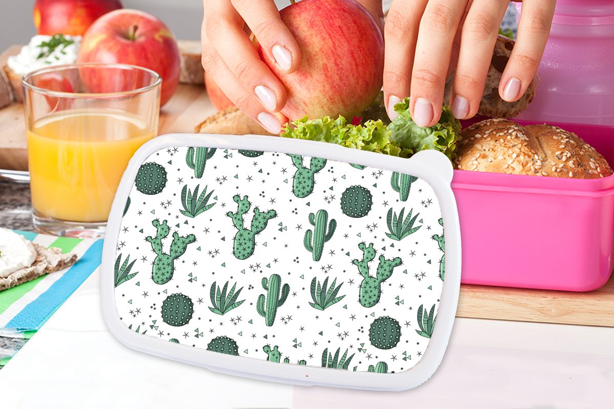 MuchoWow Lunchbox (2-tlg), Sukkulenten, Muster - - Kinder, - Brotbox Mädchen, rosa Pflanzen Kunststoff, Brotdose Kaktus Kunststoff für Snackbox, Erwachsene