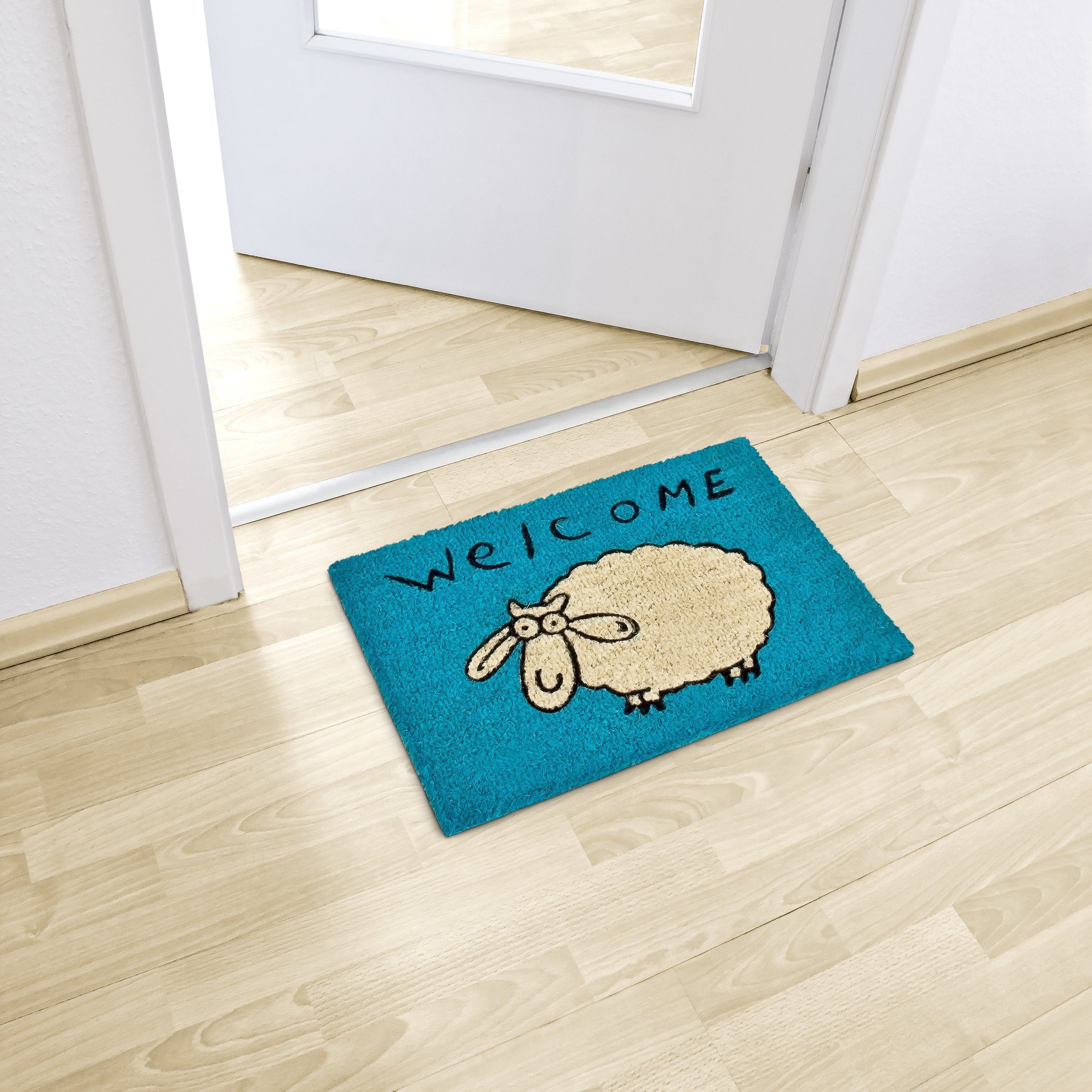 relaxdays Fußmatte Kokos WELCOME Schaf blau, günstig online kaufen