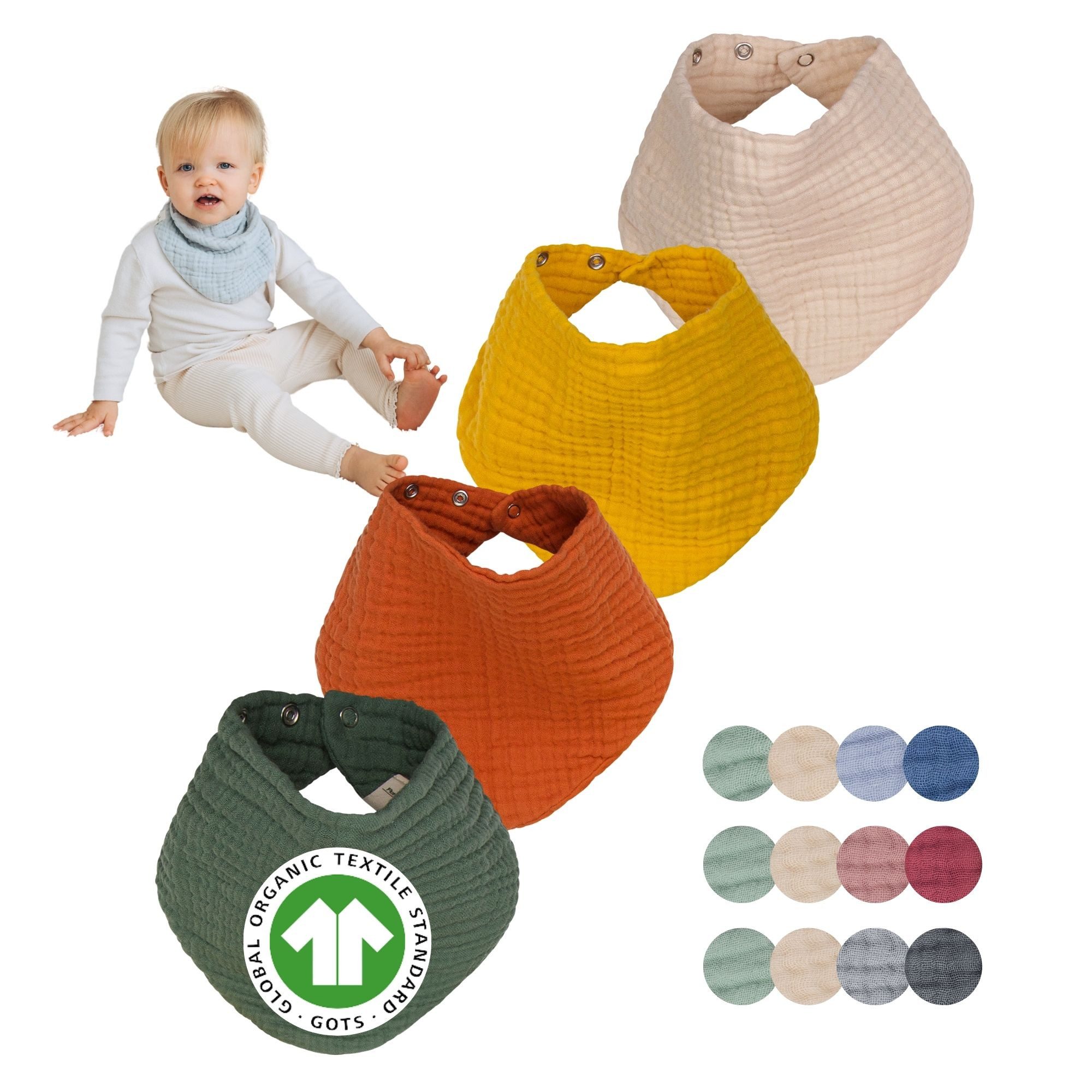 furora BABY Dreieckstuch Halstuch Baby (Set 4 Stück): weiche Bio-Musselin Baumwolle, Lätzchen, Sehr weich, Druckknöpfe für 3 Größen