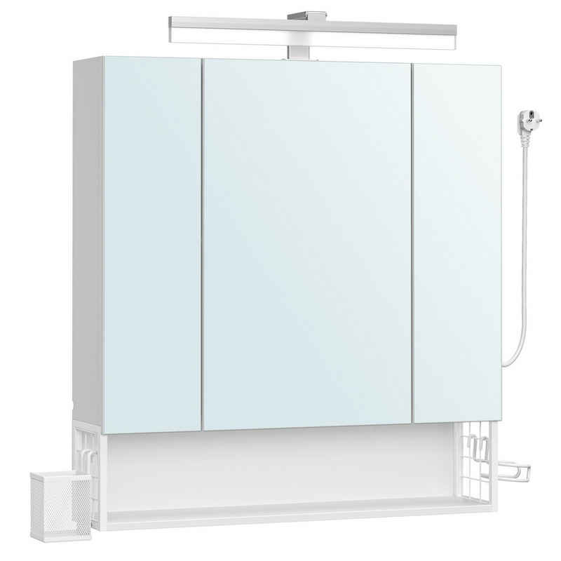 VASAGLE Spiegelschrank Badezimmerschrank mit Steckdosen, Hängekorb, Haartrockner-Halter