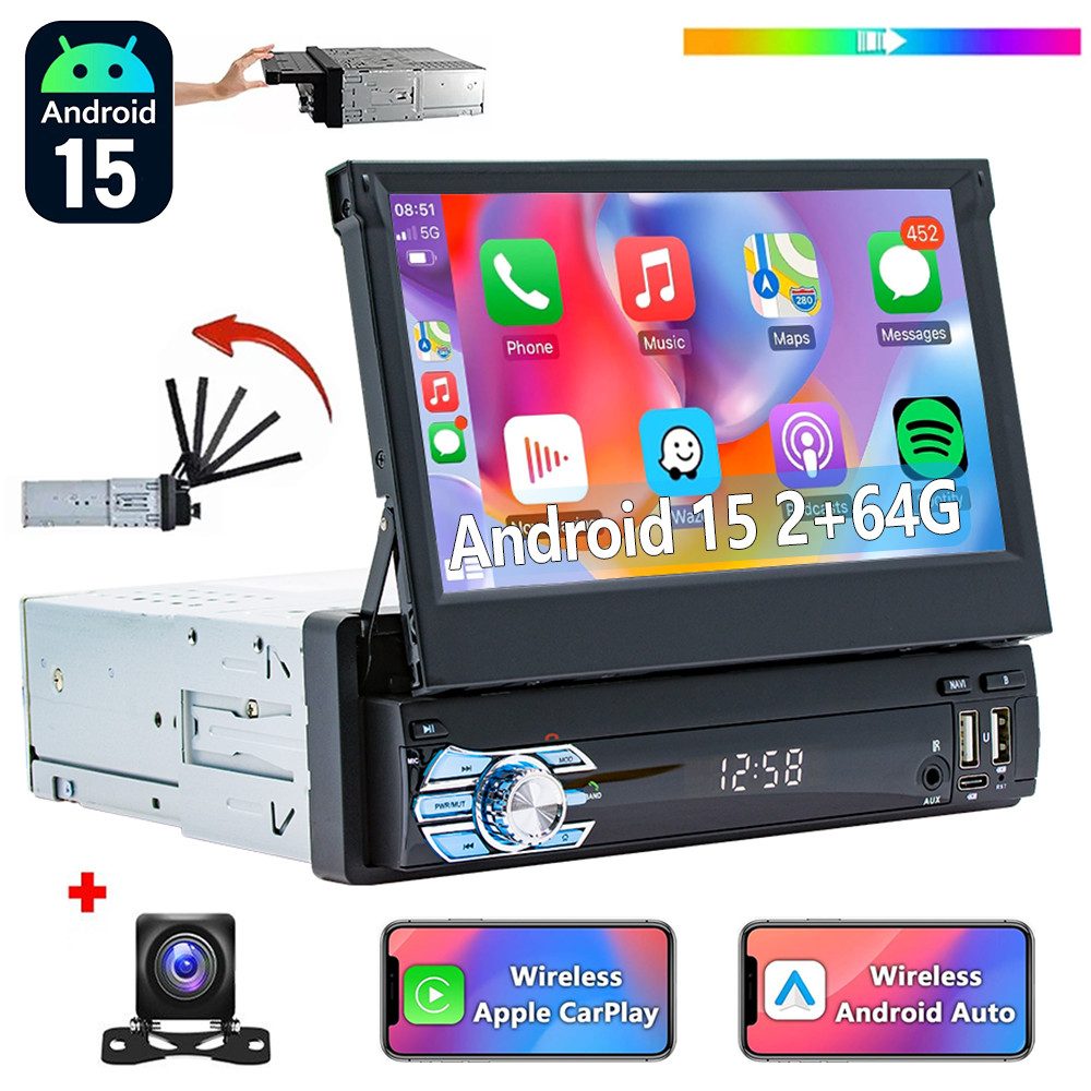 ESSGOO DAB+ 4+64G 1DIN 7'' Flip Out Android 15 Carplay Autoradio GPS WIFI FM Autoradio (Digitalradio (DAB), 4+64GB(optional), RDS, AM, FM, Carplay Android Auto Bluetooth EQ USB GPS Navi WIFI Touchscreen)