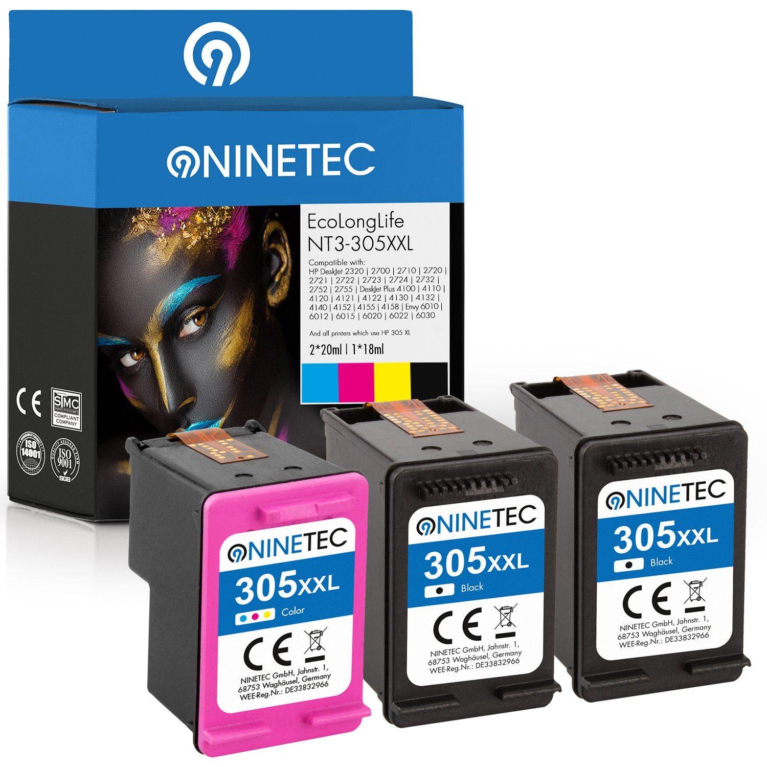 NINETEC 3er Set EcoLonglife ersetzt HP 305 305XL XL XXL über 375% mehr Inhalt! Tintenpatrone
