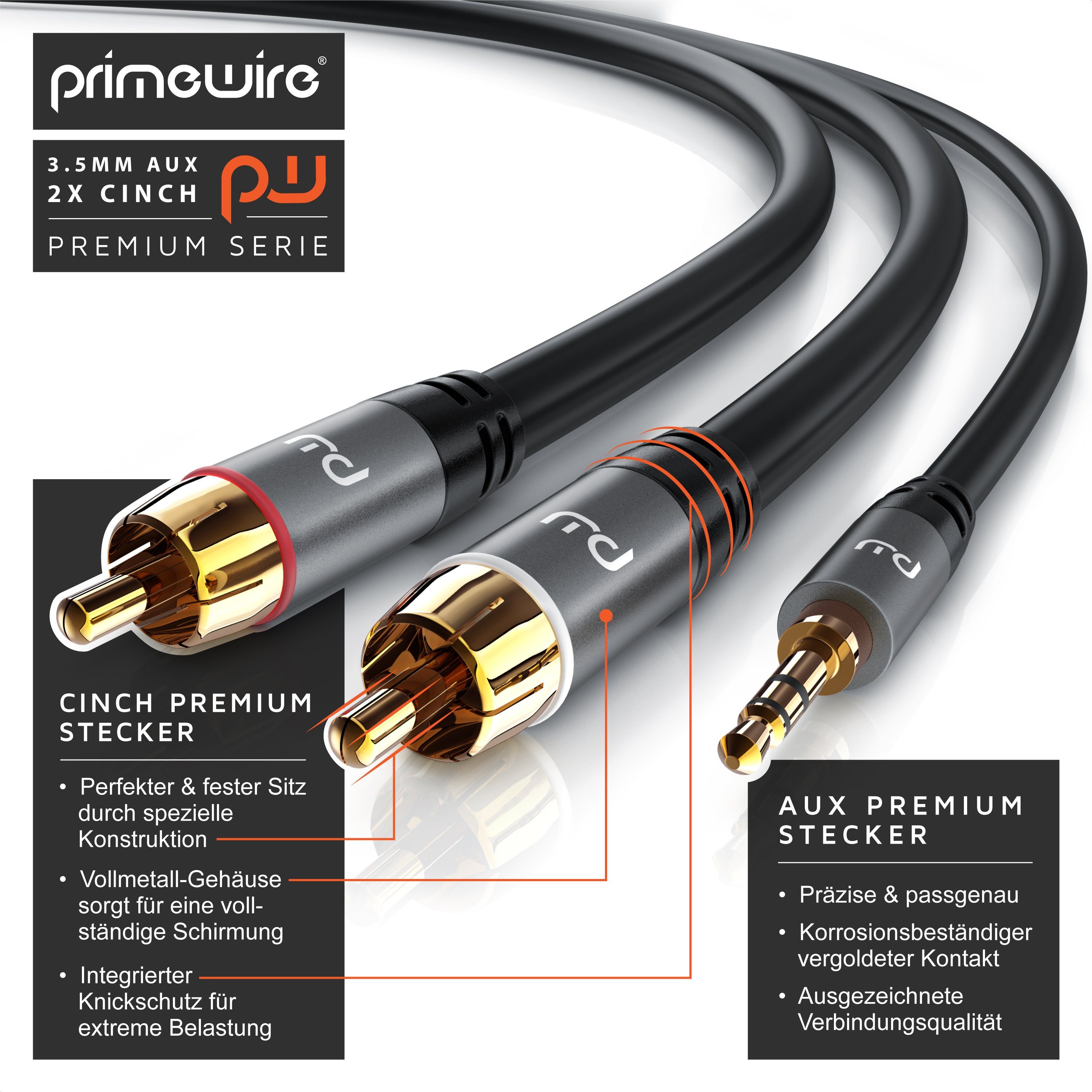 Primewire Stereo HiFi Audio-Adapter mehrfach geschirmt - 3m Audio-Kabel, RCA, AUX, 3,5-mm-Klinke, Cinch (300 cm), 3,5 mm Klinke, für Smartphone, Auto, HiFi und  – Bild 4 von 5