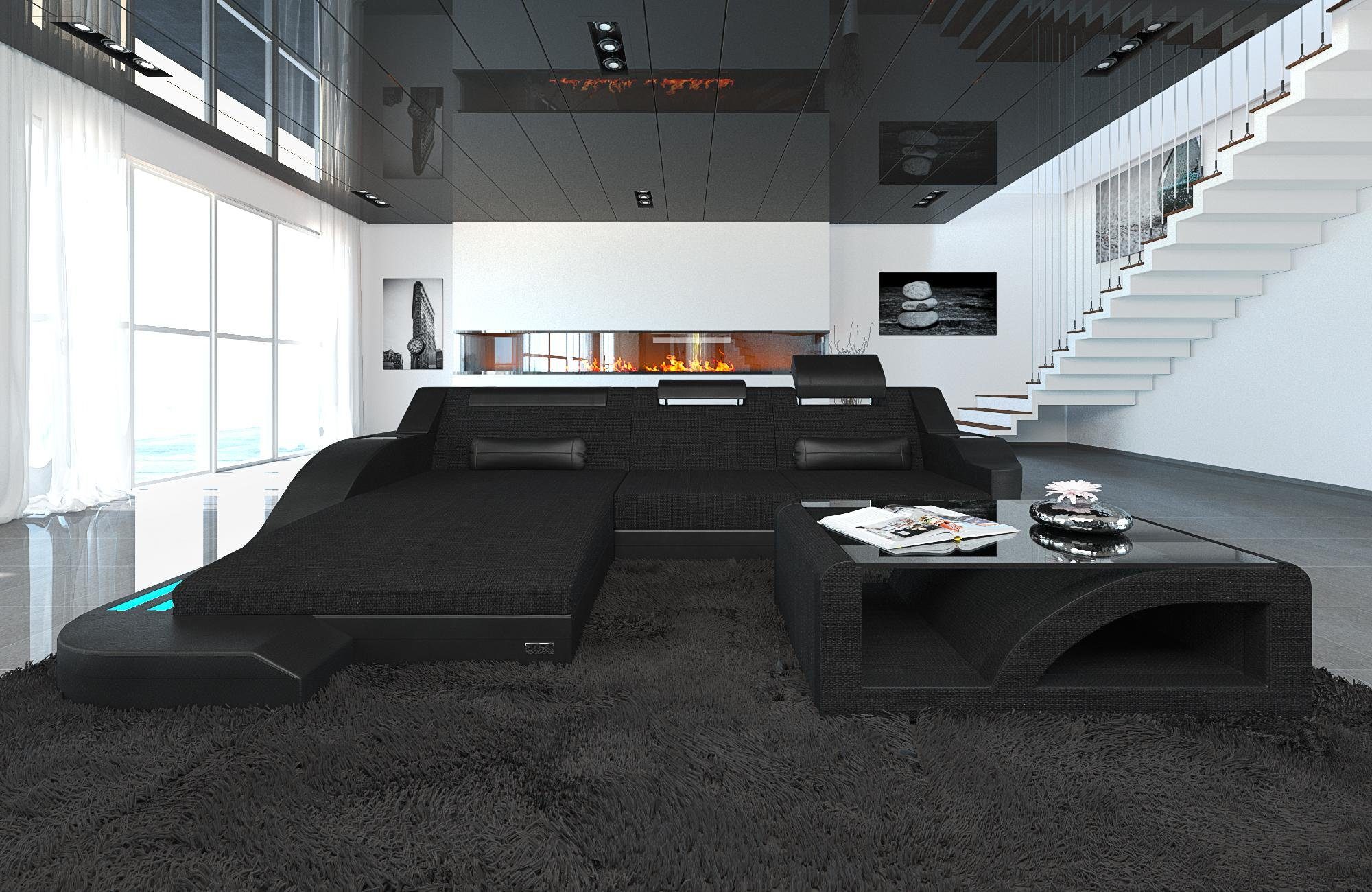 Form, Bettfunktion, mit Couch Dreams L Stoffsofa Sofa LED, Polstersofa Stoff Schwarz-Schwarz H14 ausziehbare Designersofa Ecksofa Palermo