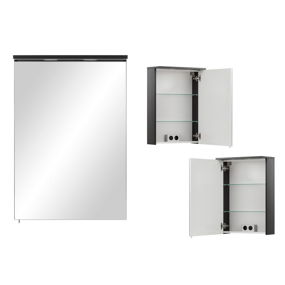 Lomadox Badmöbel-Set SARAY-80, (Spar-Set, 2-St), Waschplatz Set schwarz Waschbeckenunterschrank 57cm Spiegelschrank LED
