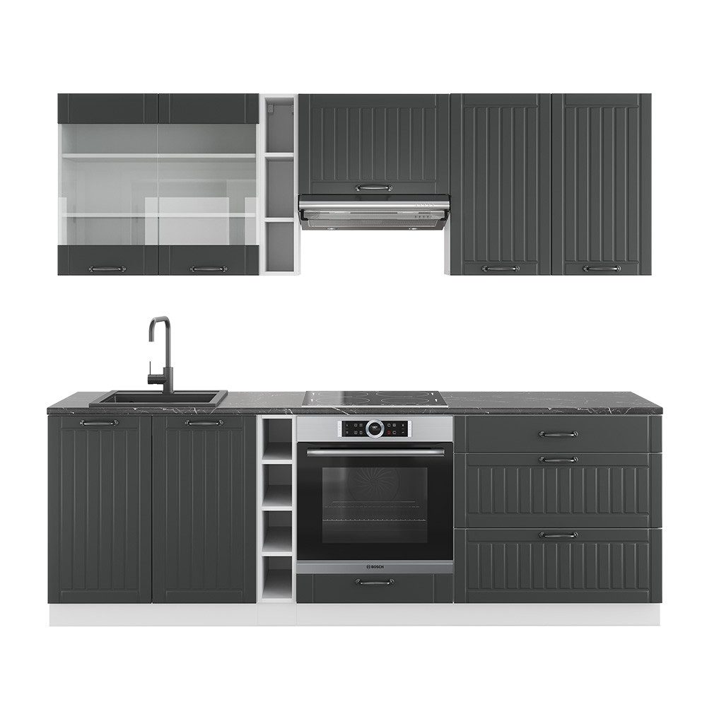 Vicco Küchenzeile Fame-Line, Anthrazit Landhaus/Weiß, 235 cm ohne Arbeitsplatte