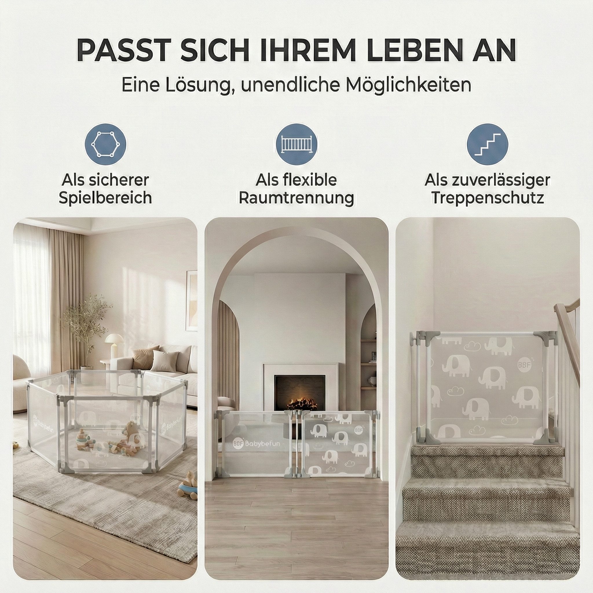 BabyBeFun Laufstall Baby faltbar [Extra Stabil] Laufgitter Baby Playpen Kaminschutzgitter (6-tlg), Variabel verwendbar