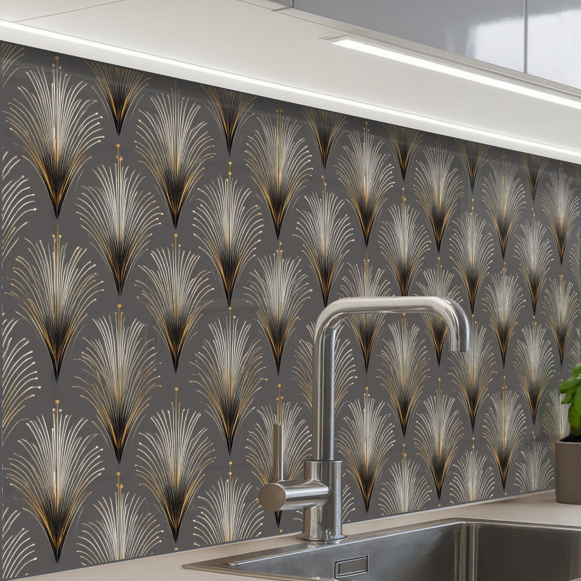 KitchenYeah Küchenrückwand Muster selbstklebend (keine Folie) Fächerbalken - Gold - Anthrazit, (1-tlg), Spritzschutz, Küche, Rückwand, Küchenwand, Küchenfront, 30x20 cm