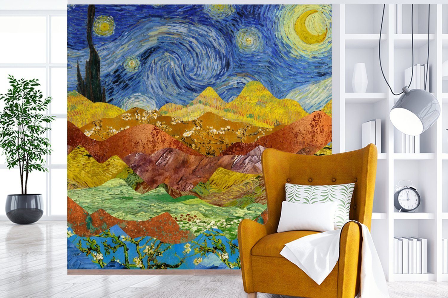 Wohnzimmer Tapete Gogh - MuchoWow Schlafzimmer, bedruckt, Alte Matt, oder Wandtapete (5 Fototapete St), Sternennacht Vinyl für Meister, - Van