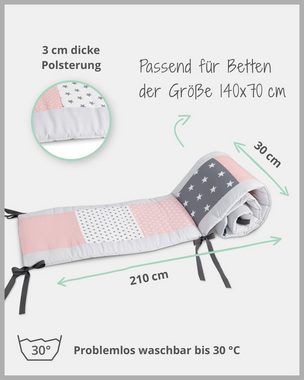 ULLENBOOM ® Bettnestchen Baby Nestchen Rosa Grau 210x30 cm (Made in EU), Bezug 100% Baumwolle, (1-tlg), Passend für Babybett 140x70 cm, Weiche Babybettumrandung