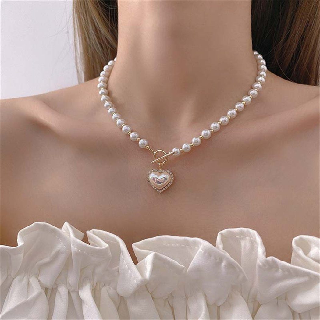 DAYUT Charm-Kette Elegante Imitationsperlenkette - Love Anhänger Perlen Halskette (1-tlg)