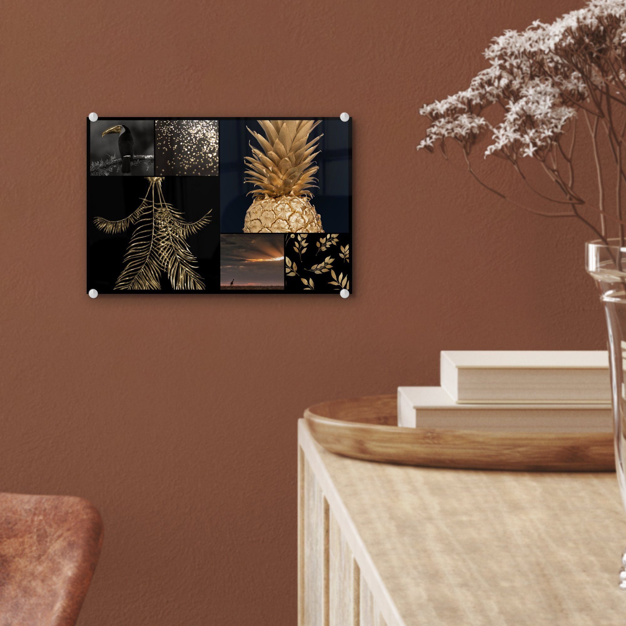 MuchoWow Acrylglasbild Collage - Gold Wanddekoration - - Glas - auf St), Bilder Glasbilder Wandbild (1 auf - - Glitter, Foto Glas Früchte