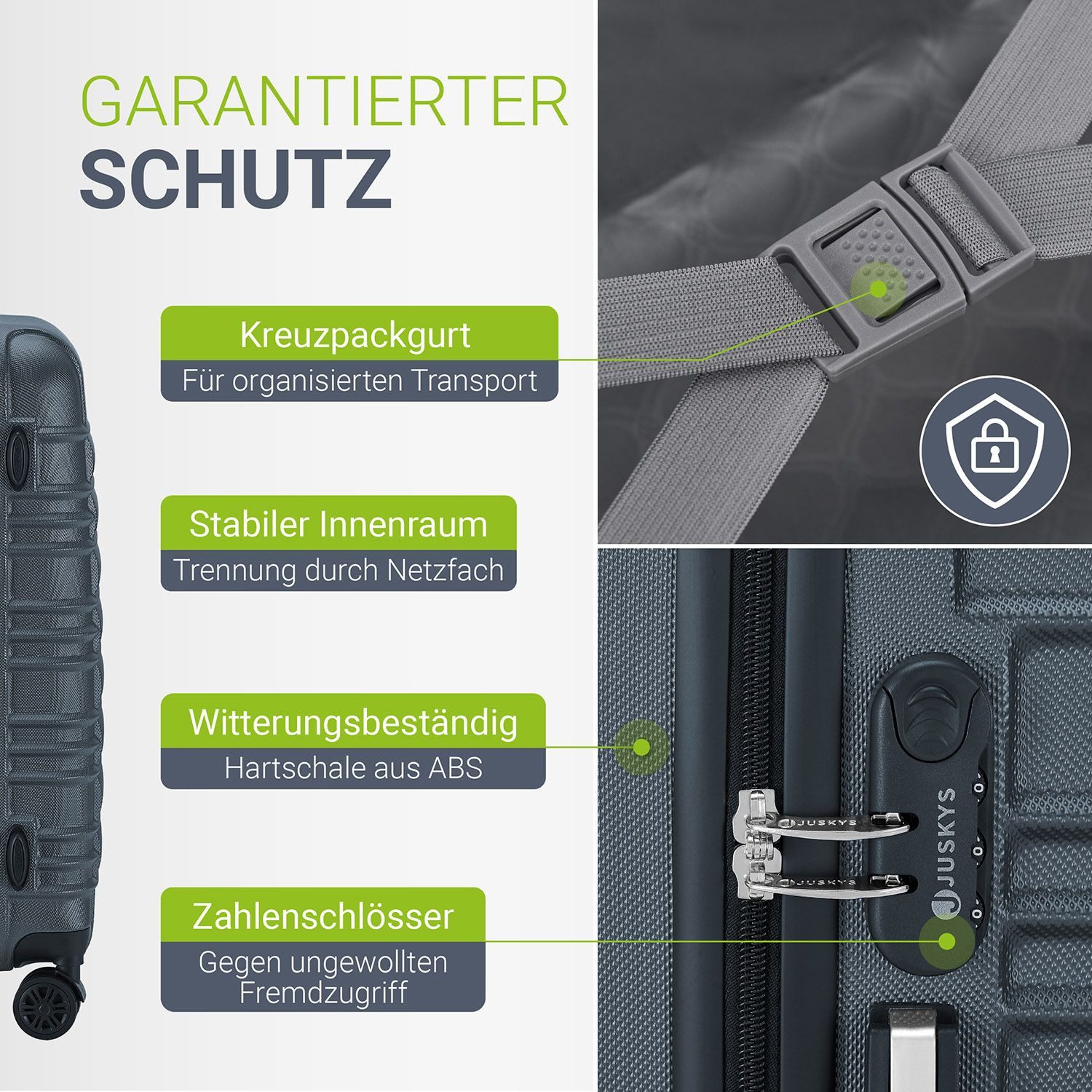 Juskys Trolleyset Rom, 4 Rollen, (3 tlg., 3-teilig), 3 Koffer, 360° Rollen, robuste Hartschale, mit Zahlenschloss