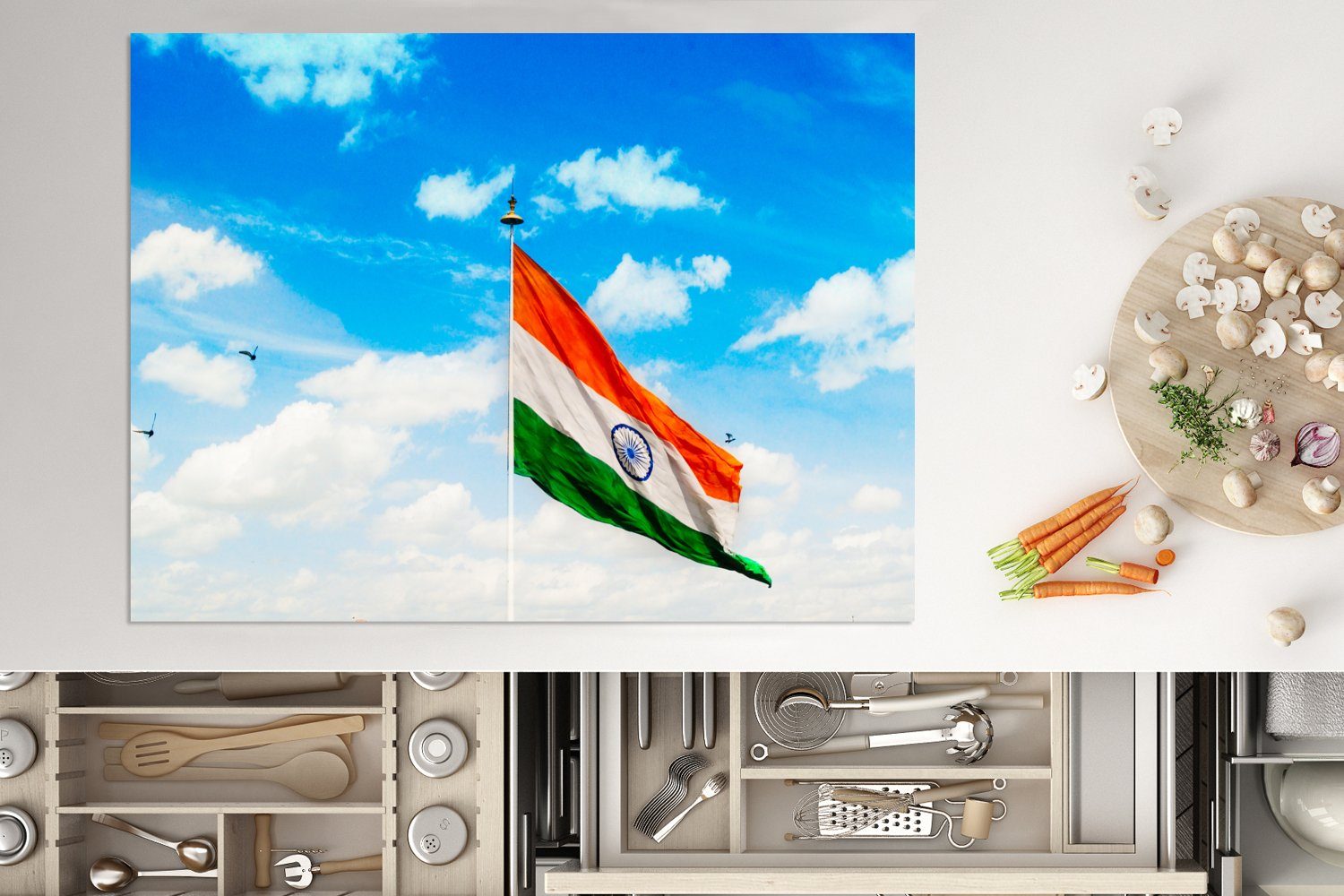 MuchoWow Herdblende-/Abdeckplatte Indische Flagge nutzbar, Himmel, vor Vinyl, 70x52 Mobile Arbeitsfläche cm, blauem Ceranfeldabdeckung (1 tlg)