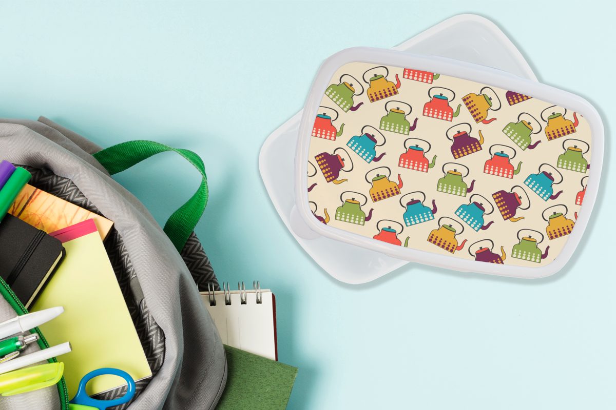 und Erwachsene, Lunchbox - Jungs MuchoWow weiß für und für (2-tlg), Farben, - Kinder Brotbox Teekanne Retro Brotdose, - Mädchen Kunststoff, Design