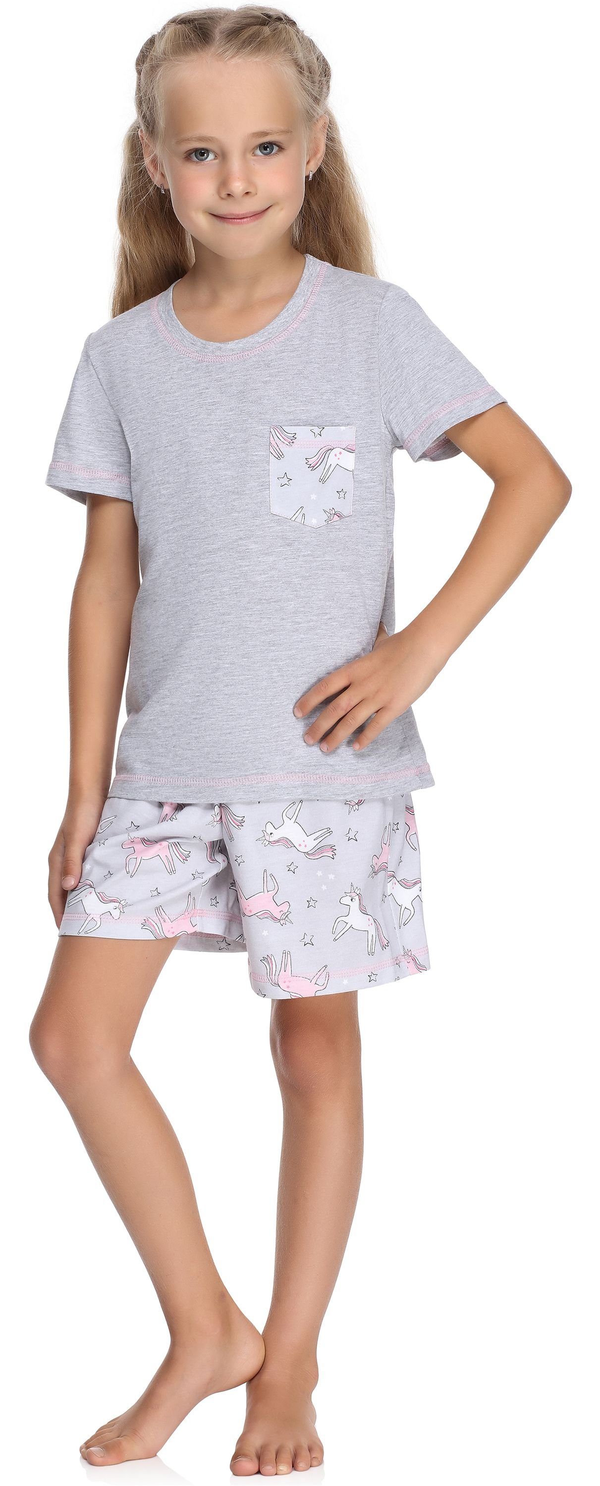 Schlafanzüge Style Kurz Set Merry Mädchen aus MS10-292 Melange/Einhorn Pyjama Baumwolle Schlafanzug