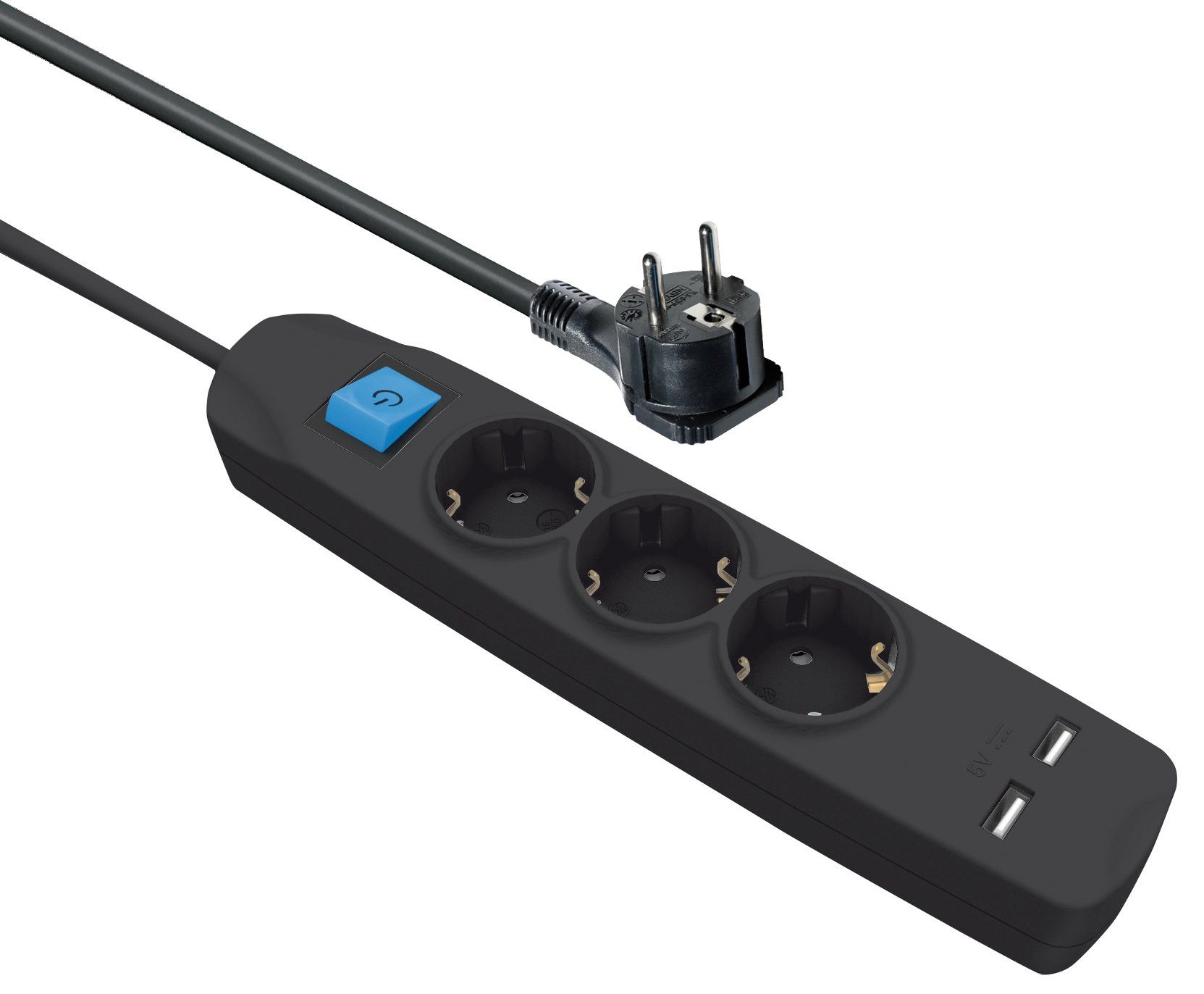 Maxtrack Steckdosenleiste (Kabellänge 3 m), 3-fach Steckdosenleiste mit flachem Winkelstecker und 2x USB