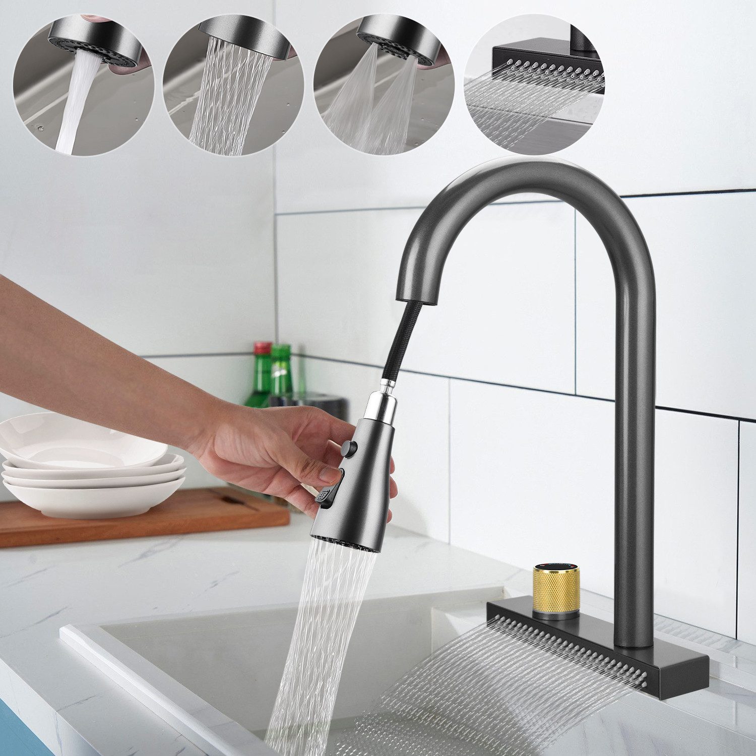 CkeyiN Pro Küchenarmatur Hochdruck,Küchen Wasserhahn,mit 4 Modi,360° Schwenkbar (Ausziehbare Armatur,Edelstahl 304, G3/8 Anschluss Armatur,Wasserfallmodus) für Einzelspüle Doppelspüle