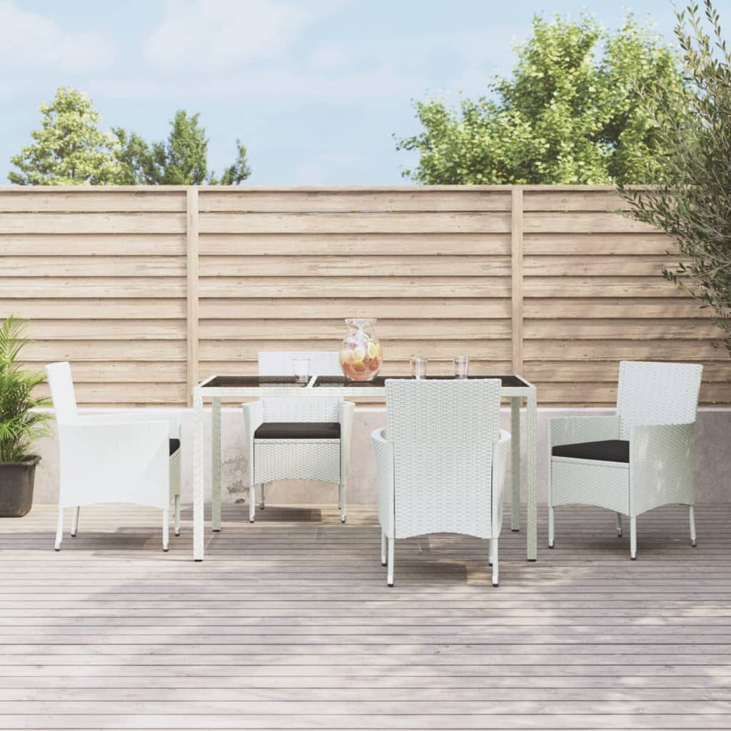 vidaXL Garten-Essgruppe 5-tlg. Garten-Essgruppe mit Kissen Weiß Poly Rattan, (5-tlg)