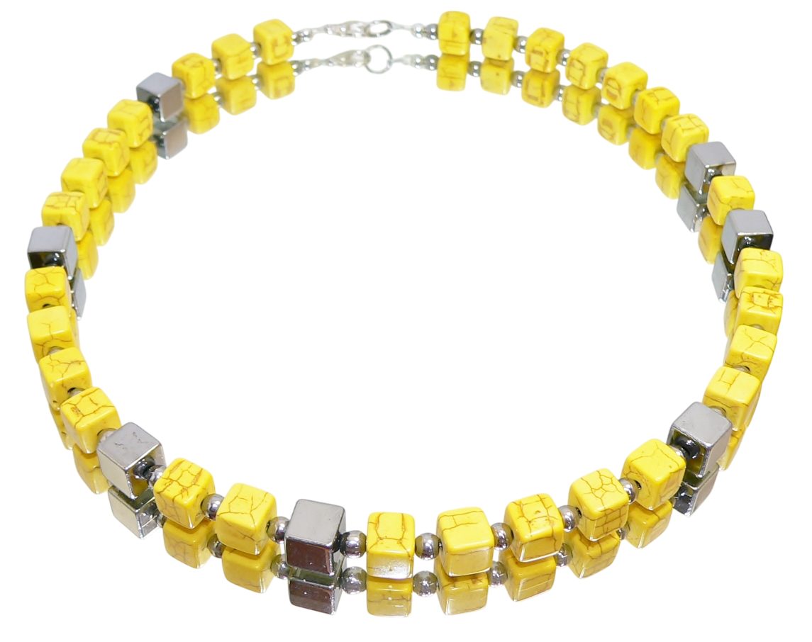 traumschmuck Collier 456i Halskette Würfelkette Würfel Hämatit silber Howlith gelb (Geschenk, Muttertag, Weihnachten, Geburtstag, Valentinstag, incl. Schmuckbox), handgefertigt, Made in Germany