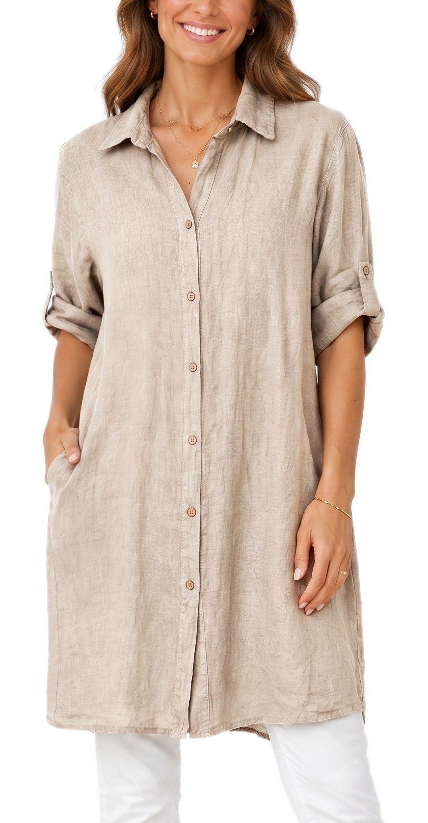 dy_mode Longbluse Damen Leinen Longbluse Sommer Hemdbluse Blusenkleid Luftige Tunika in Unifarbe, mit Knopfleiste