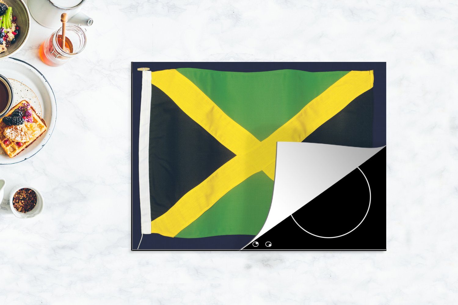 cm, schwarzem tlg), auf nutzbar, Flagge Mobile Vinyl, Ceranfeldabdeckung Jamaika Hintergrund, Arbeitsfläche MuchoWow (1 70x52 Herdblende-/Abdeckplatte von