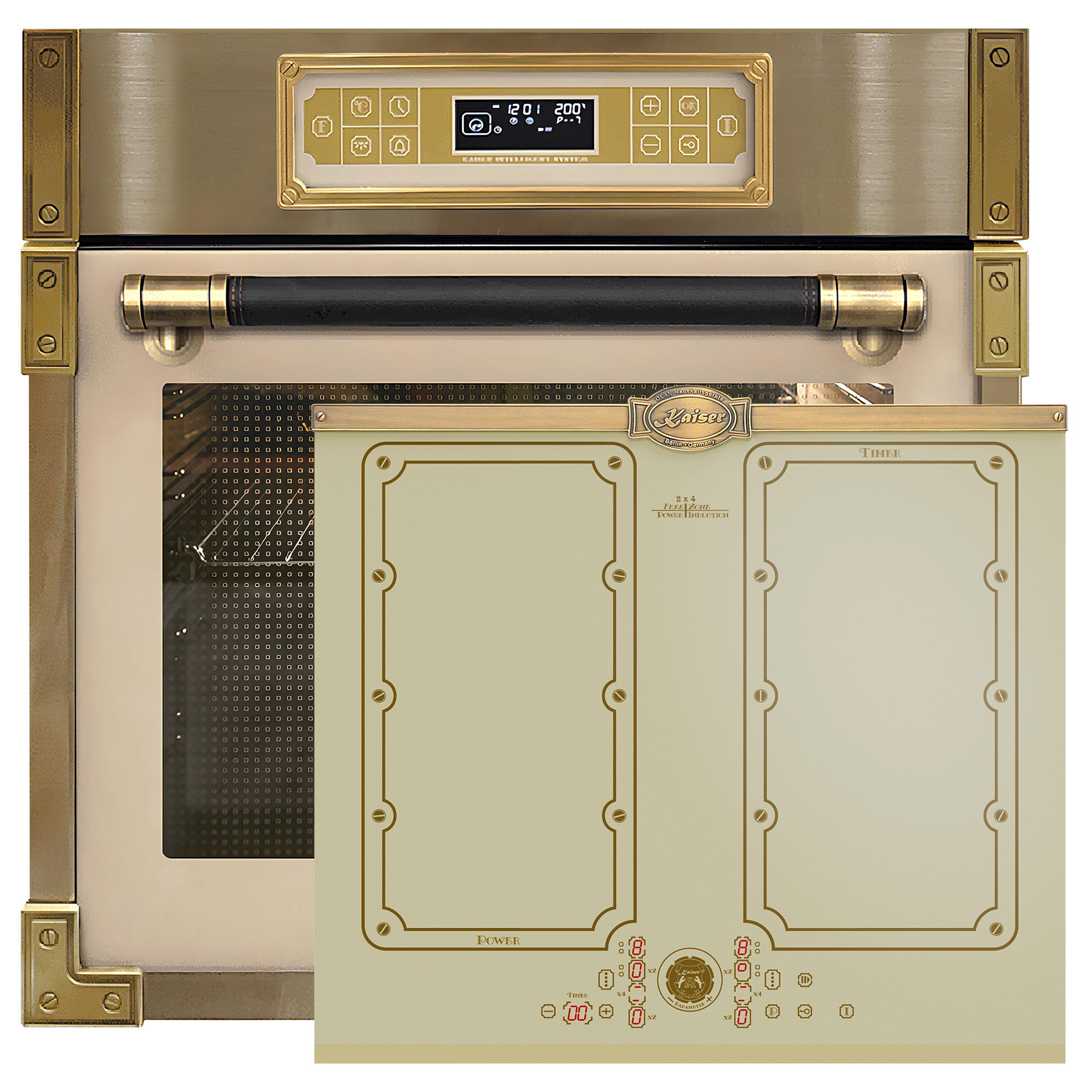 Kaiser Küchengeräte Backofen-Set Herd Set Autark Elektro Einbau Backofen 80L Elfenbeinfarbiges Glas 60 cm mit Induktionskochfeld 60 cm FREE ZONE mit 2 FLEX Induktions-Zonen EH 6726 ElfAD+KCT 6192 FI ElfEm., mit 1-fach-Teleskopauszug