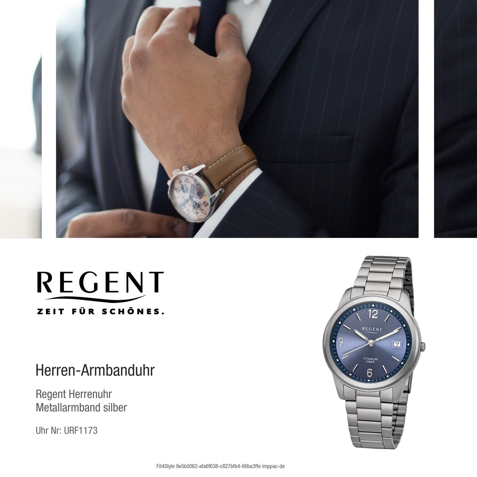 Uhr Regent Metall (ca. Herren 36mm) Herrenuhr silber, Quarzuhr rundes mittel Regent Analog, F-1173 Gehäuse, Metallarmband