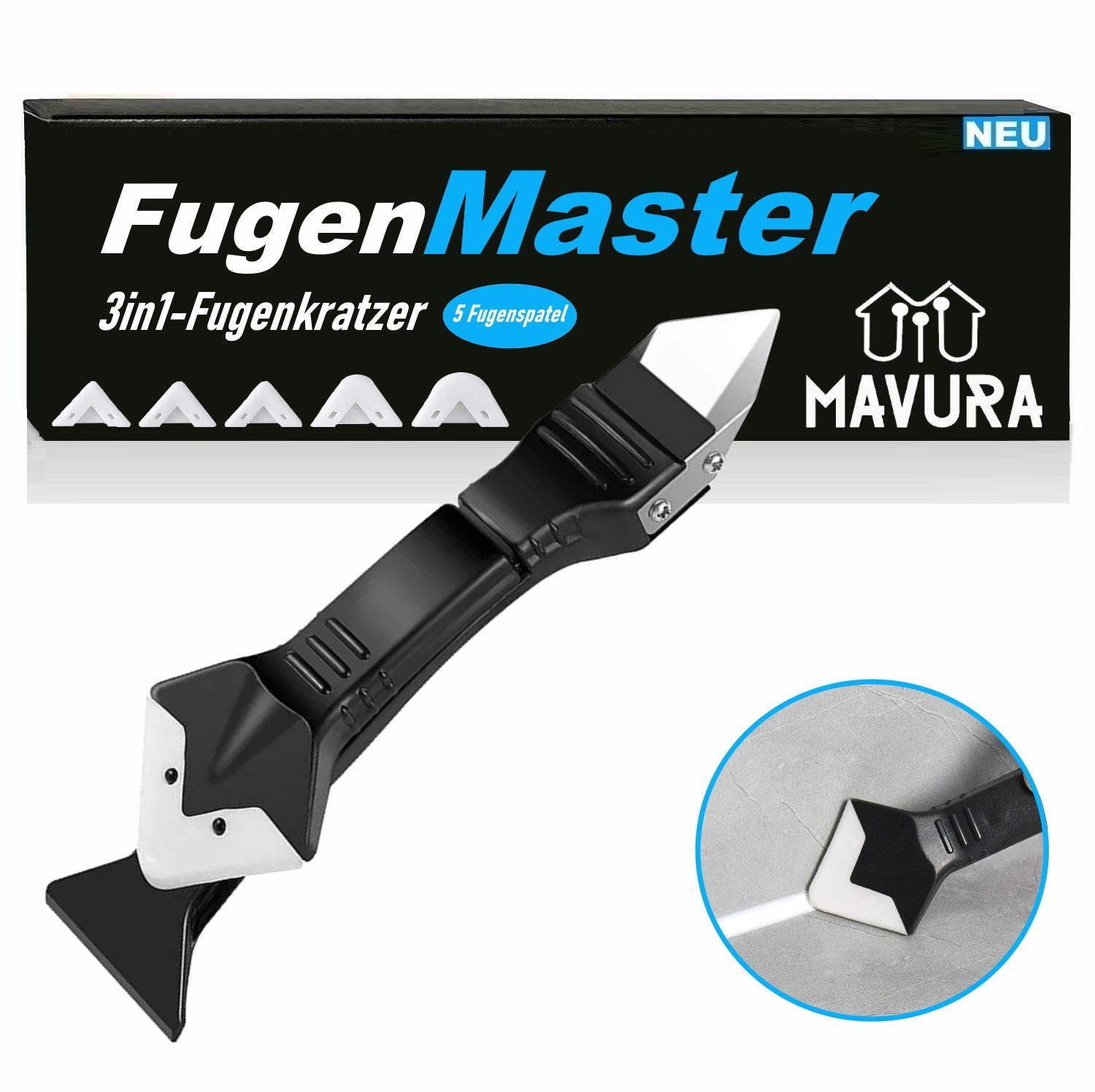 MAVURA Fugenkratzer FugenMaster 3in1 Fugenhai Fugenkratzer Fugenschaber, (Fugenglätter Fugenentferner Silikonentferner Fugenmesser, Fugen Messer Entferner Schneider), Kratzer Silikonspachtel Silikonglätter Fugenabzieher