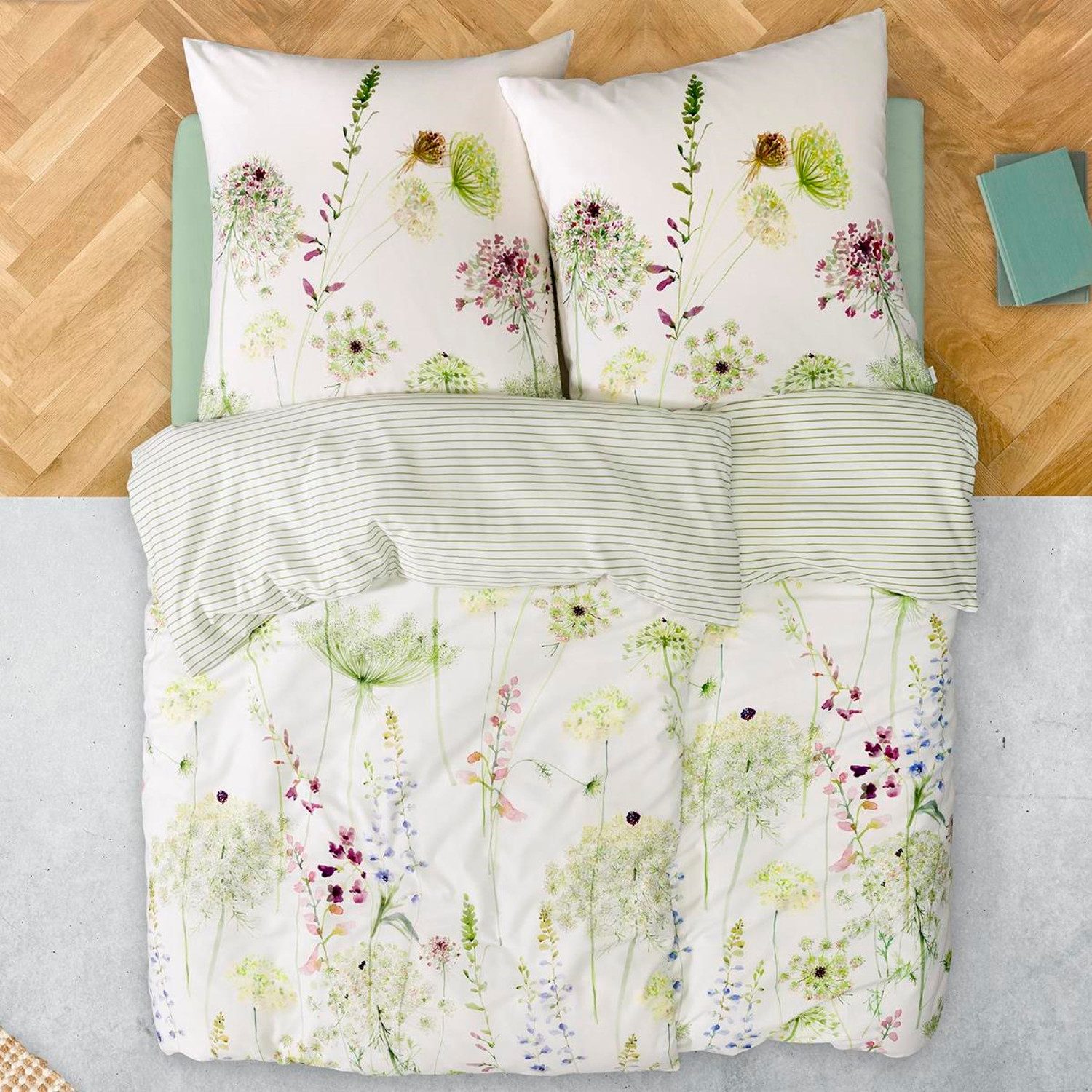 Estella Bettwäsche Estella Mako Satin Bettwäsche Meadow 4704-530 Blumen Streifen 135x200, Mako Satin, 2 teilig, Feinster Premium Mako Satin
