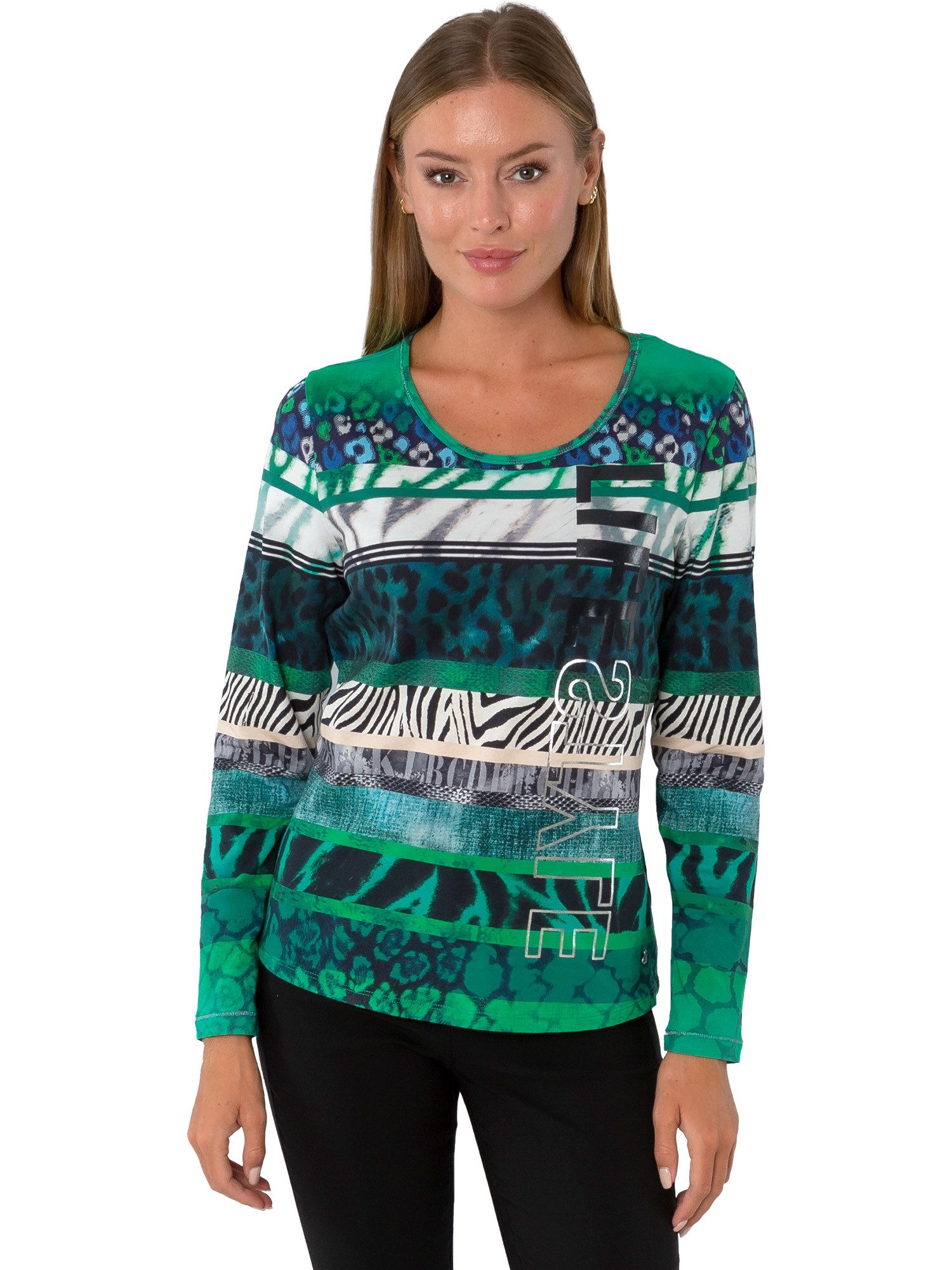 Gio Milano Langarmshirt G29-1105, "lifestyle" mit Animalmuster und Print leicht abgerundeter Saum