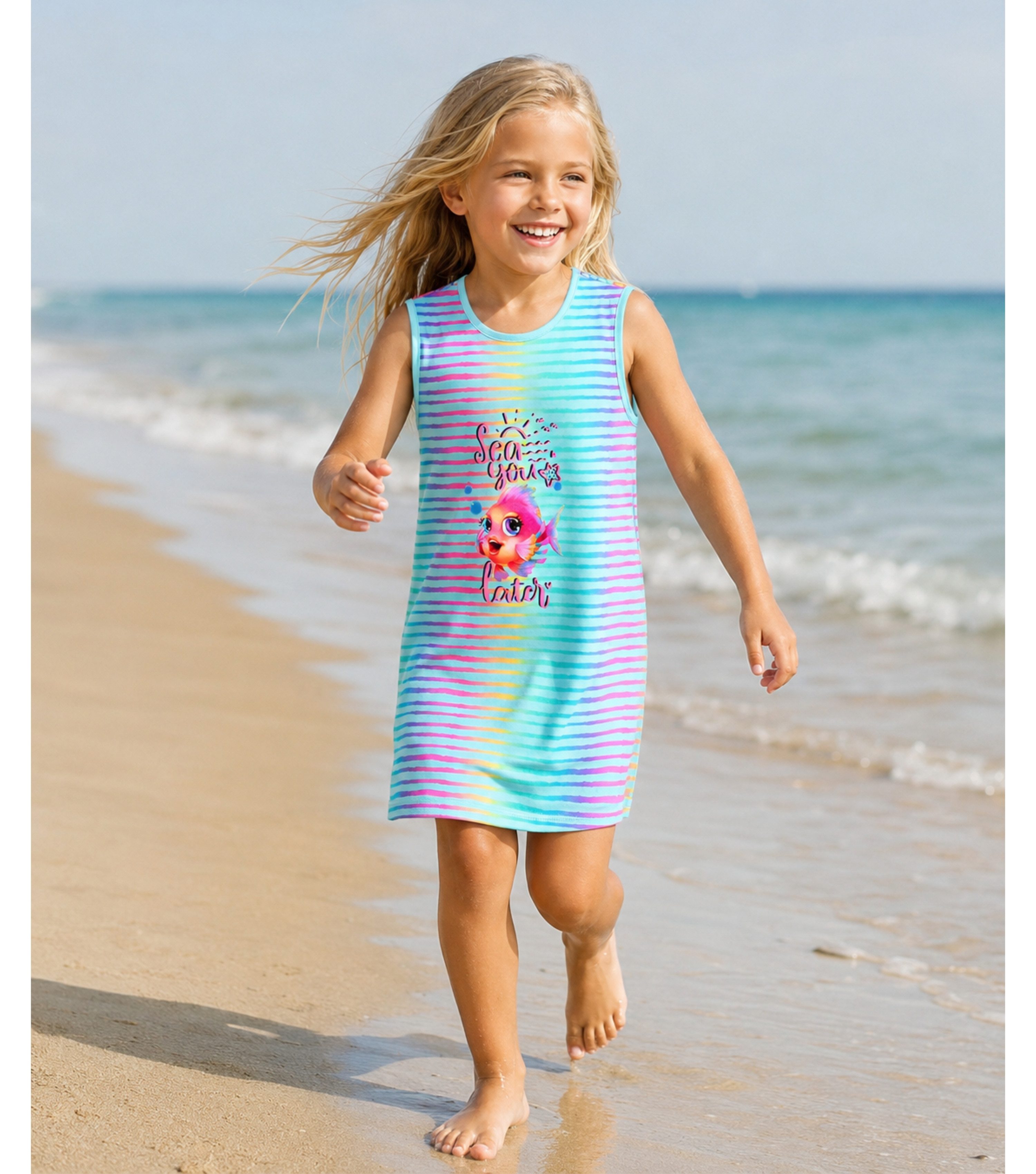 coolismo Kleid & Haarband Shirtkleid Regenbogenfisch-Print & Haarband gestreift (Set, 2-tlg., Kleid & Haarband) niedliches Design, Baumwolle