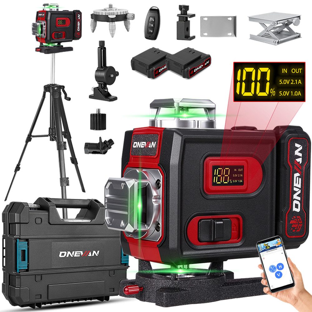 ONEVAN Kreuzlinienlaser + Stativ mit 2 x 4,8Ah Akkus, Laserwasserwaage, (1 St), Selbstnivellierender Baulaser, Bluetooth-App, Fernbedienung, IP54