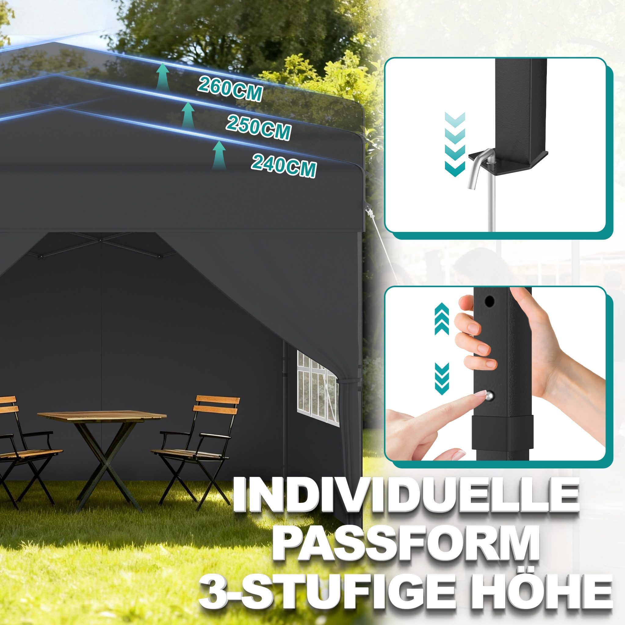 FIVMEN Partyzelt Pop Up Pavillon 2.5x2.5m Stabil Faltpavillon mit 4 Seitenwänden, Partyzelt Faltbar für Hochzeit Innenhof Höheverstellbar 240-260cm – Bild 5 von 5