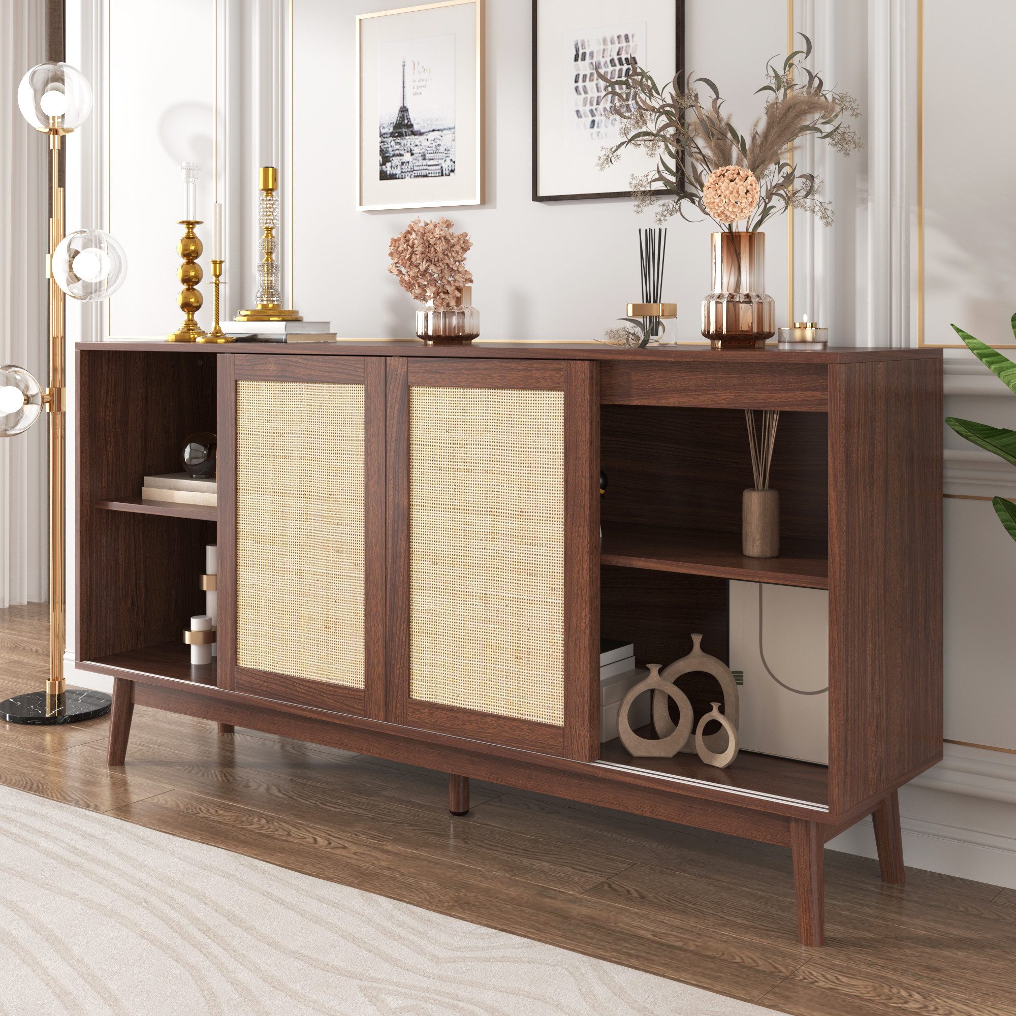 Merax Sideboard Skandi mit 3 Schiebetüren und 2 Schubladen (155 L x 38 B x günstig online kaufen