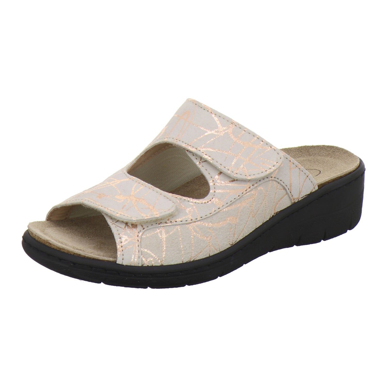 AFS-Schuhe Damen Wechselfußbett Pantolette aus Veloursleder mit Klettverschluss und Keilabsatz, Made in Germany