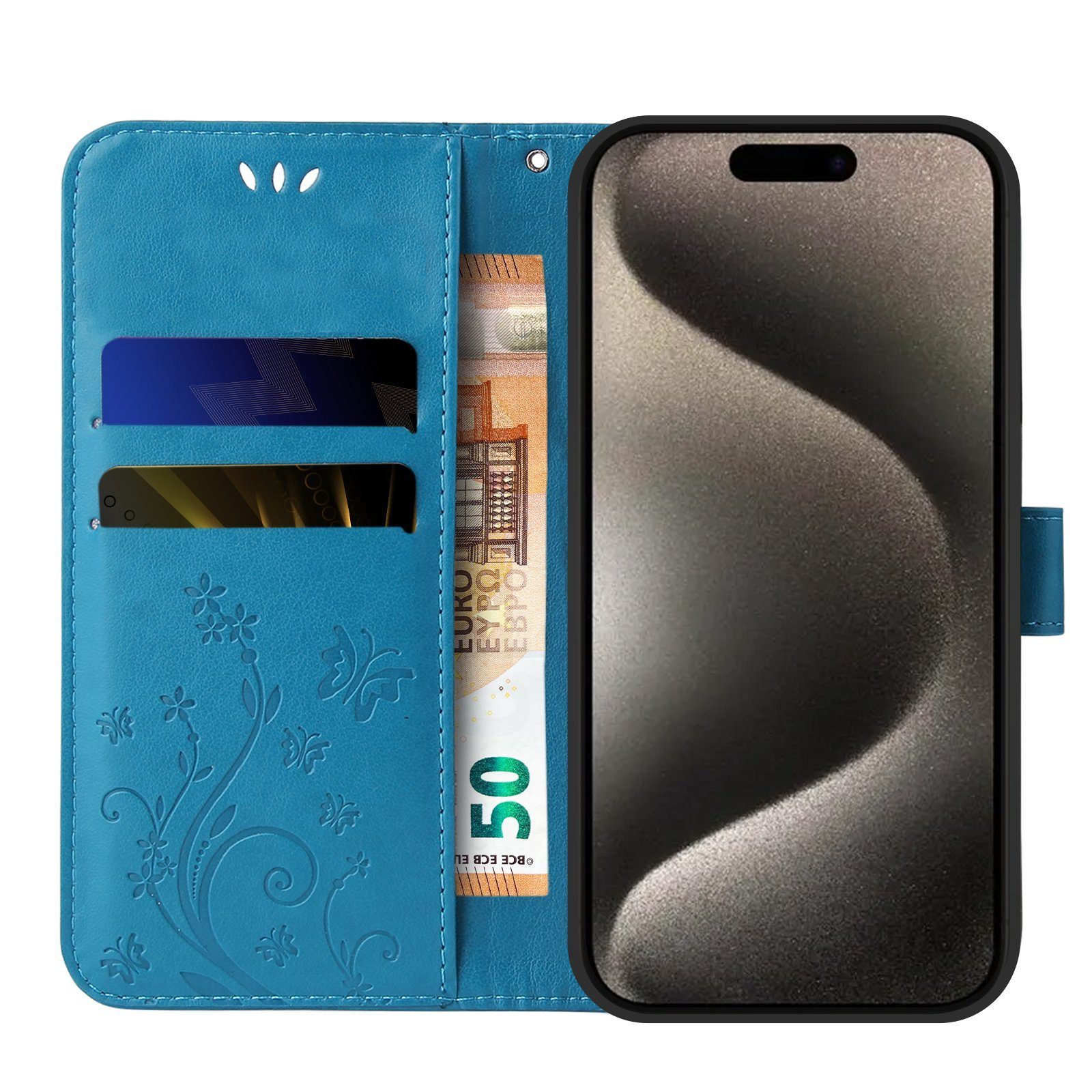 Tec-Expert Handyhülle Cover Tasche Hülle für Apple iPhone 15 Pro 6,1 Zoll, Klapphülle Case mit Kartenfach Fliphülle aufstellbar, Motiv Blumen
