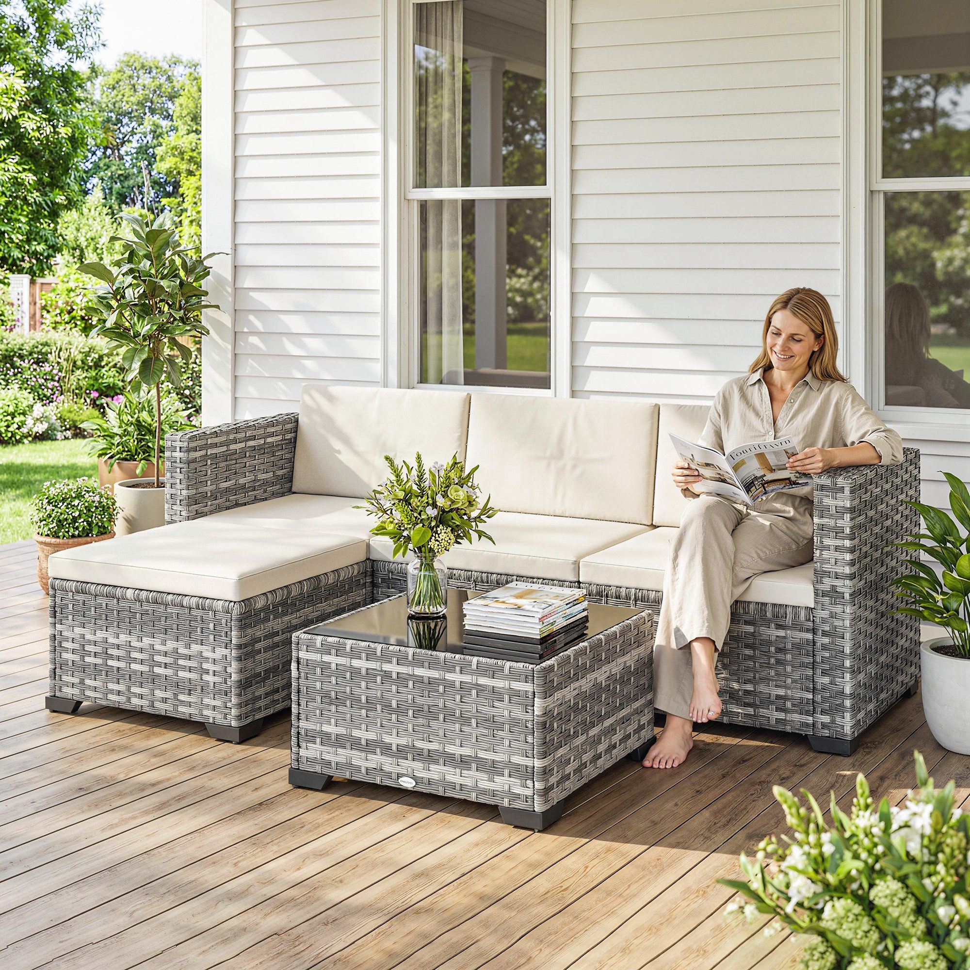 Outsunny Gartenlounge-Set mit Ecksofa, Hocker, Tisch, Sitz- & Rückenkissen, (Sitzgruppe, 5-tlg., Gartenmöbel Set), bis 4 Personen