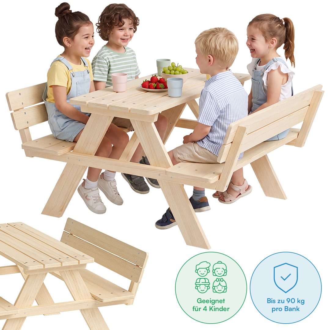 Bellabino Kindersitzgruppe Inny Outdoor-Bank aus Holz, (Tisch und Bänke mit Lehne, Sitzgruppe), für 4 Personen, unbehandelt, Kindermöbelset aus Kiefer Massivholz