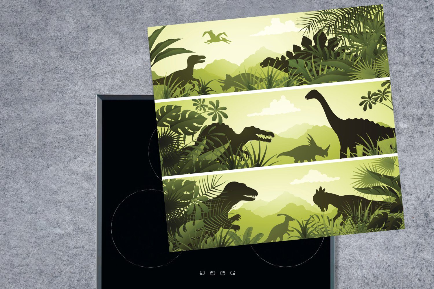 MuchoWow Herdblende-/Abdeckplatte Dinosaurier Illustration Dschungel Vinyl, (1 - - tlg), 78x78 für - cm, Kinder - Kind, Arbeitsplatte Ceranfeldabdeckung, küche