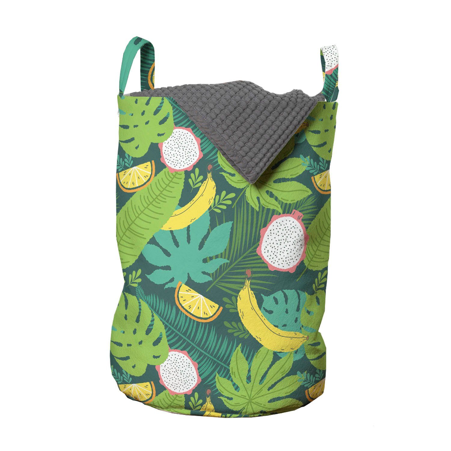 Abakuhaus Wäschesäckchen Wäschekorb mit Griffen Kordelzugverschluss für Waschsalons, Exotisch Hawaii-Blätter und Früchte