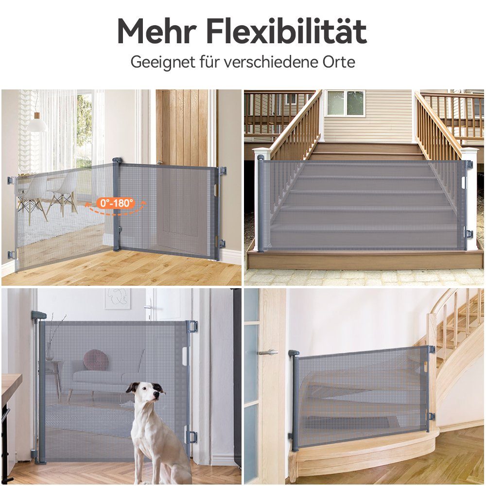 Treppenschutzgitter Türschutzgitter MAEREX Einziehbar (Kinderschutzgitter Grau 0-140cm), Haustier-Türgitter Flexible 0-180°