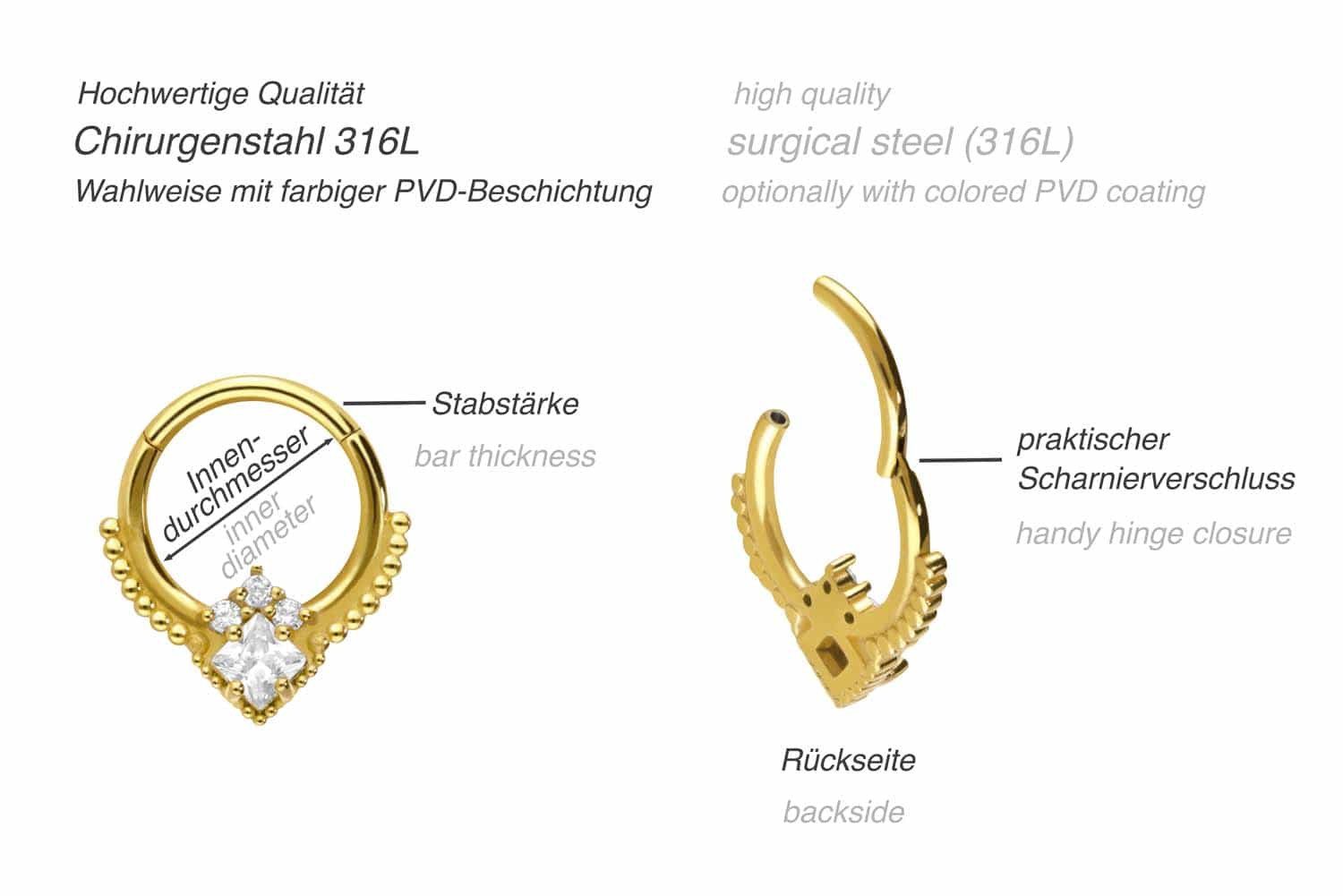 PIERCINGLINE Nasenpiercing Chirurgenstahl Segmentring Clicker 4 KRISTALLE + KUGELN Ohrpiercing (Clicker, 1-tlg), Ohrpiercing für Conch, Helix, Tragus, Daith, Lobe